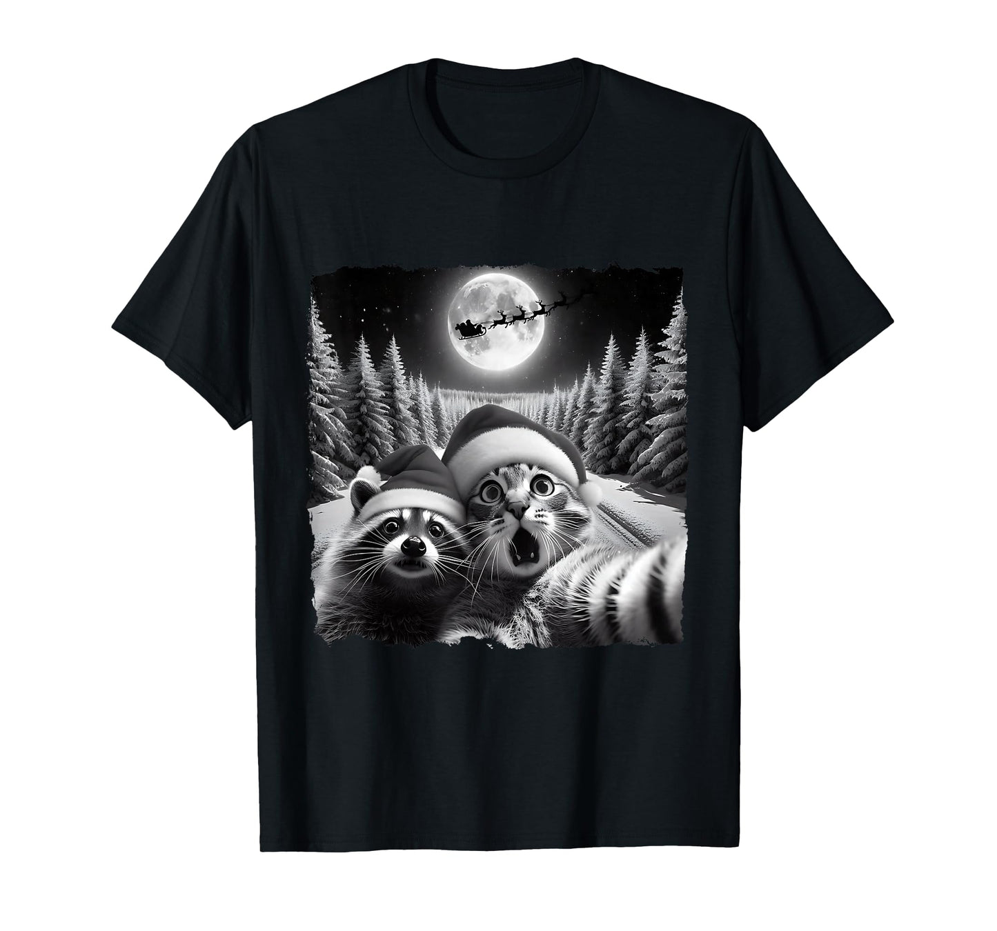Christmas Xmas Holiday Funny Cat Taking Selfie Racoon Santa T-Shirt