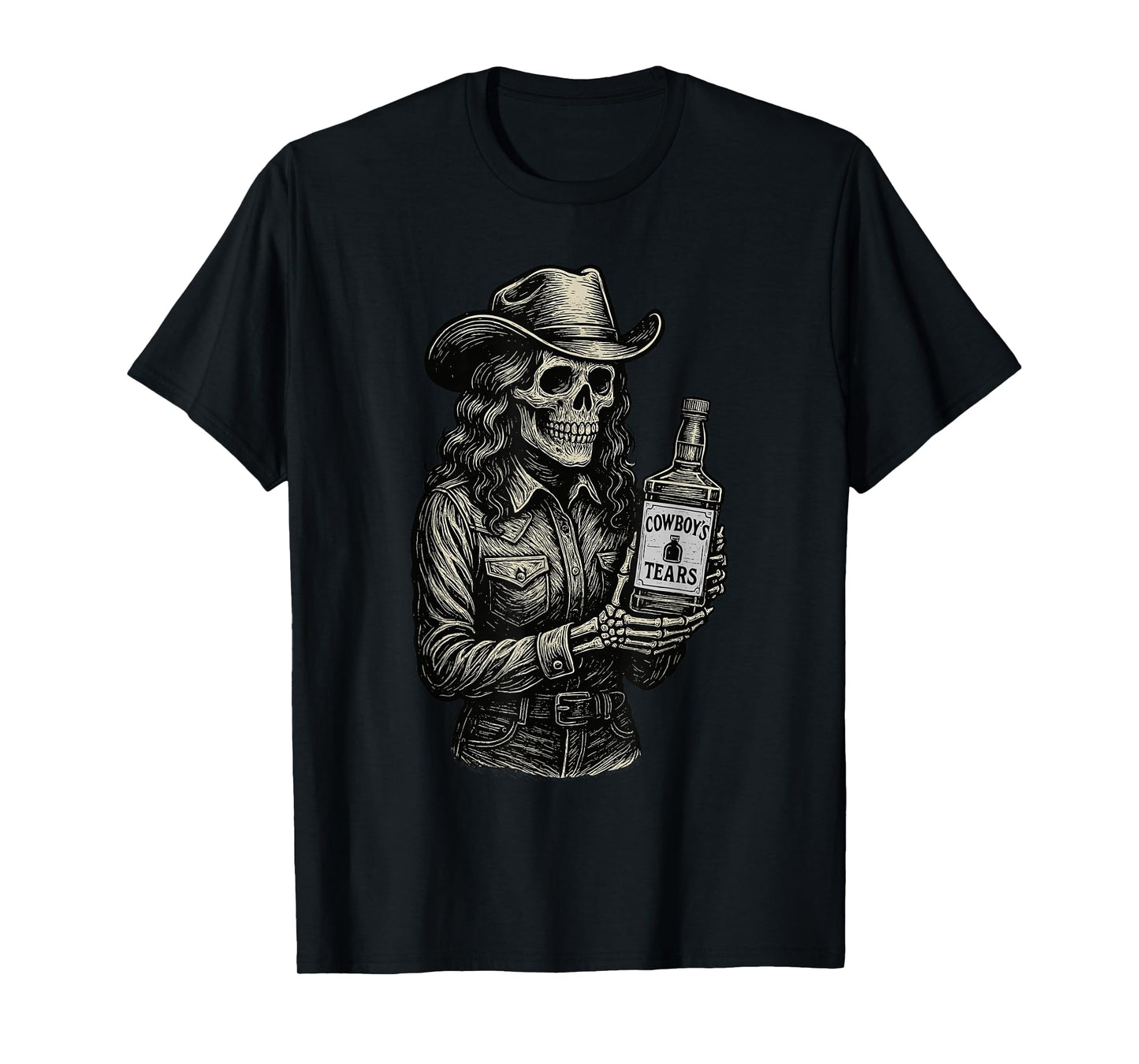 Skeleton Cowgirl Whisky Cowboy's Tears Skull Western Gothic T-Shirt