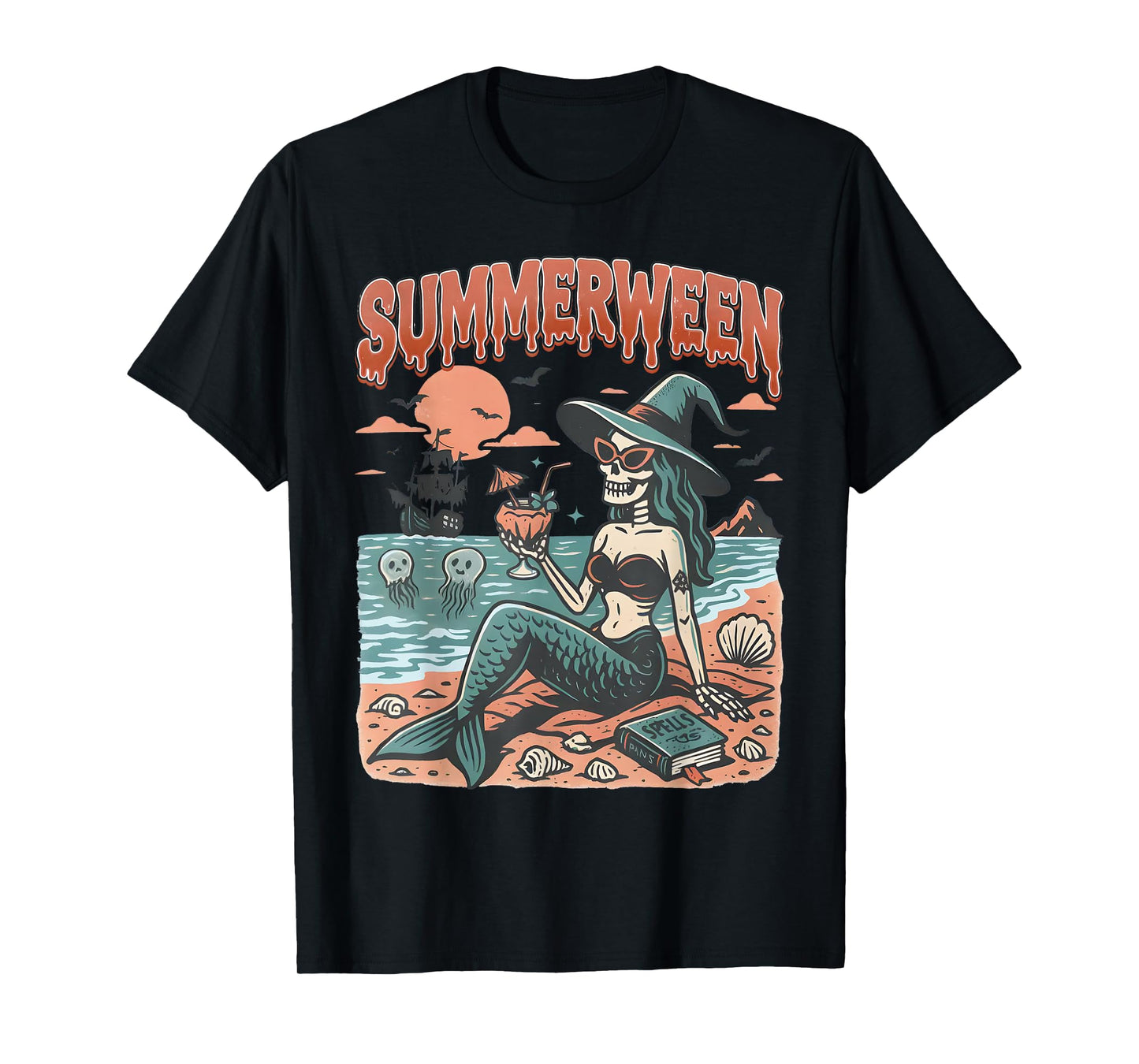 Summerween Mermaid Skeleton Beach Flamingo Halloween Girl T-Shirt