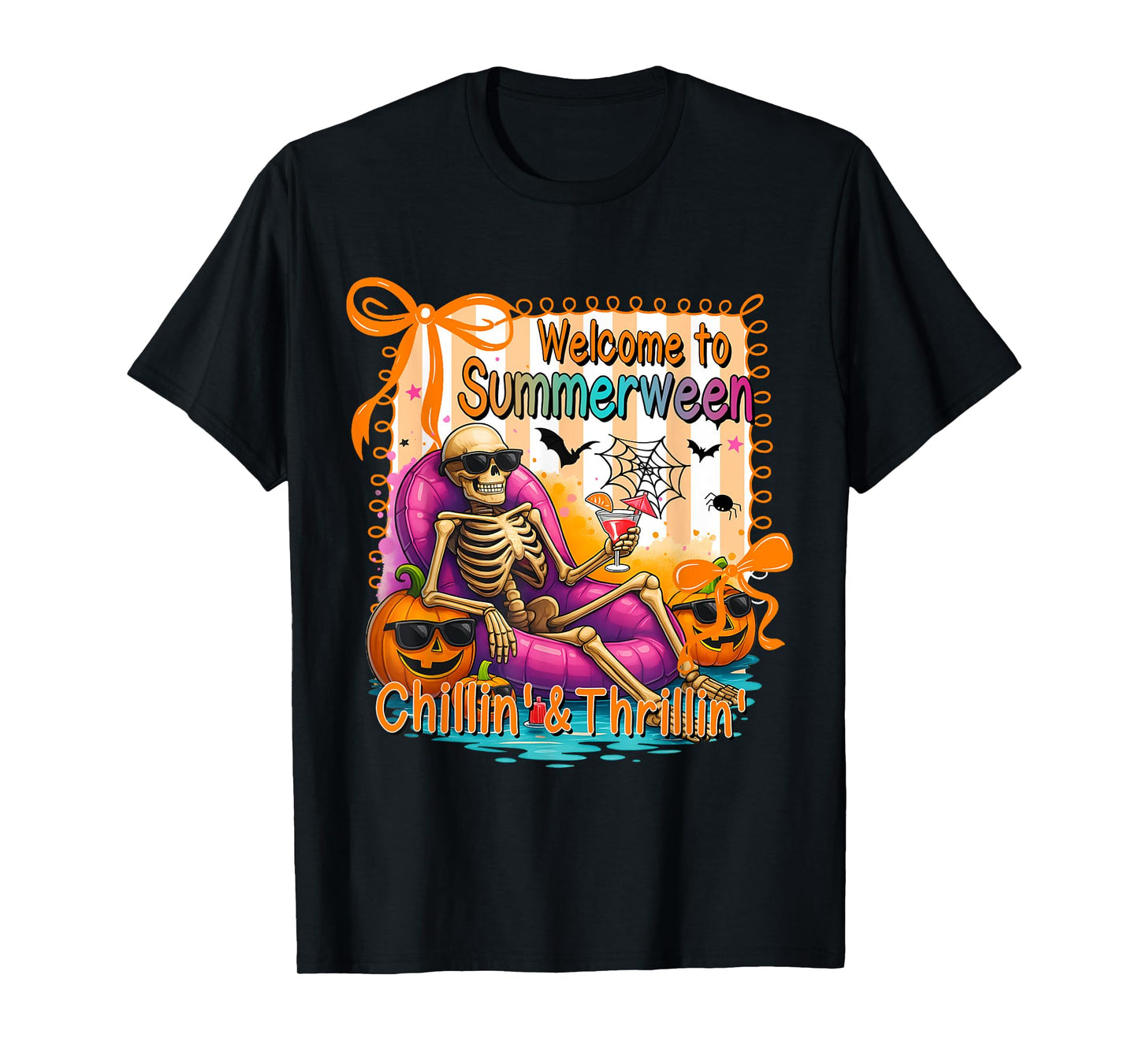 Summerween Skeleton Pool Float Funny Halloween Vibe T-Shirt