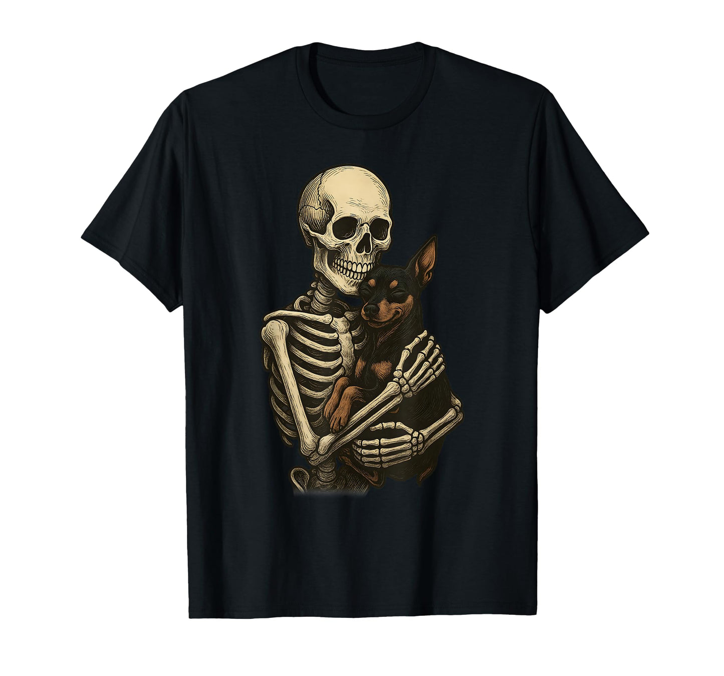 Skeleton Hugging Dog Miniature Pinscher Funny Halloween T-Shirt