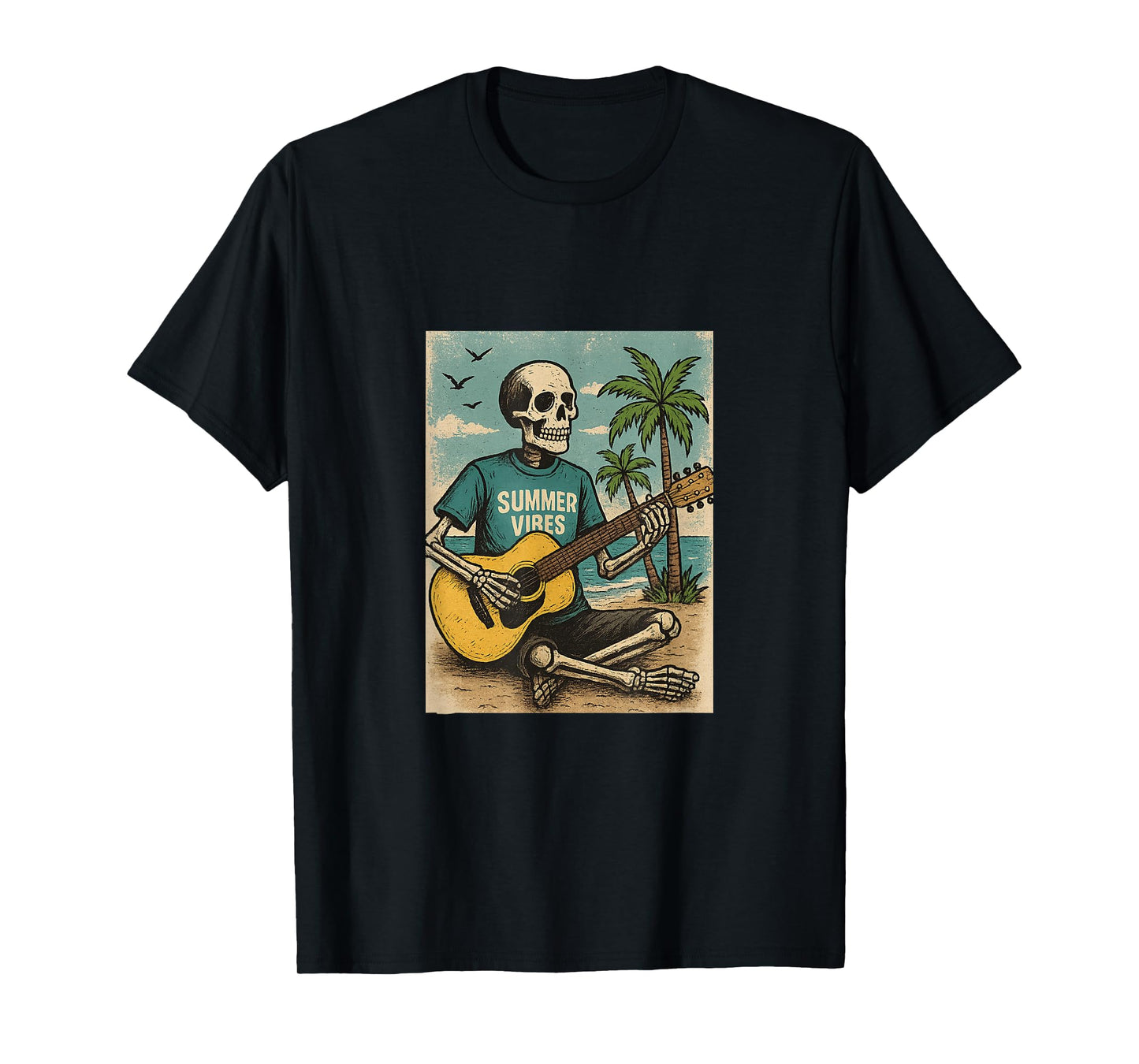 Vintage Skeleton Summer vibes Funny Beach Guitar T-Shirt