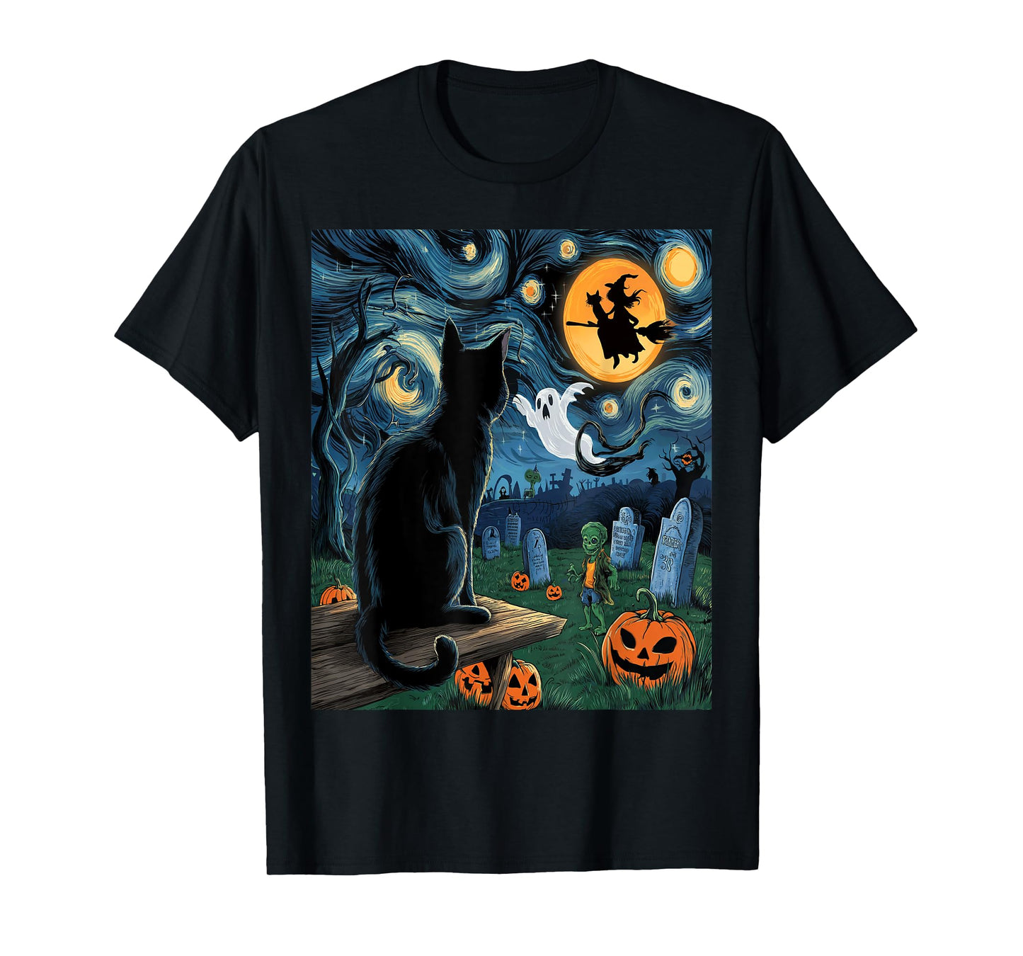 Halloween Van Gogh Starry Night Black Cat Pumpkins Witch Men Women Kids T-Shirt