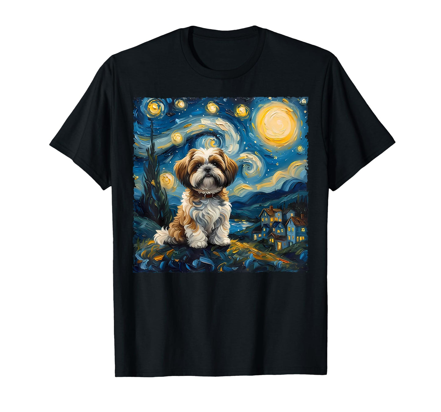 Shih Tzu Dog Lovers The Starry Night Van Gogh Style Painting T-Shirt
