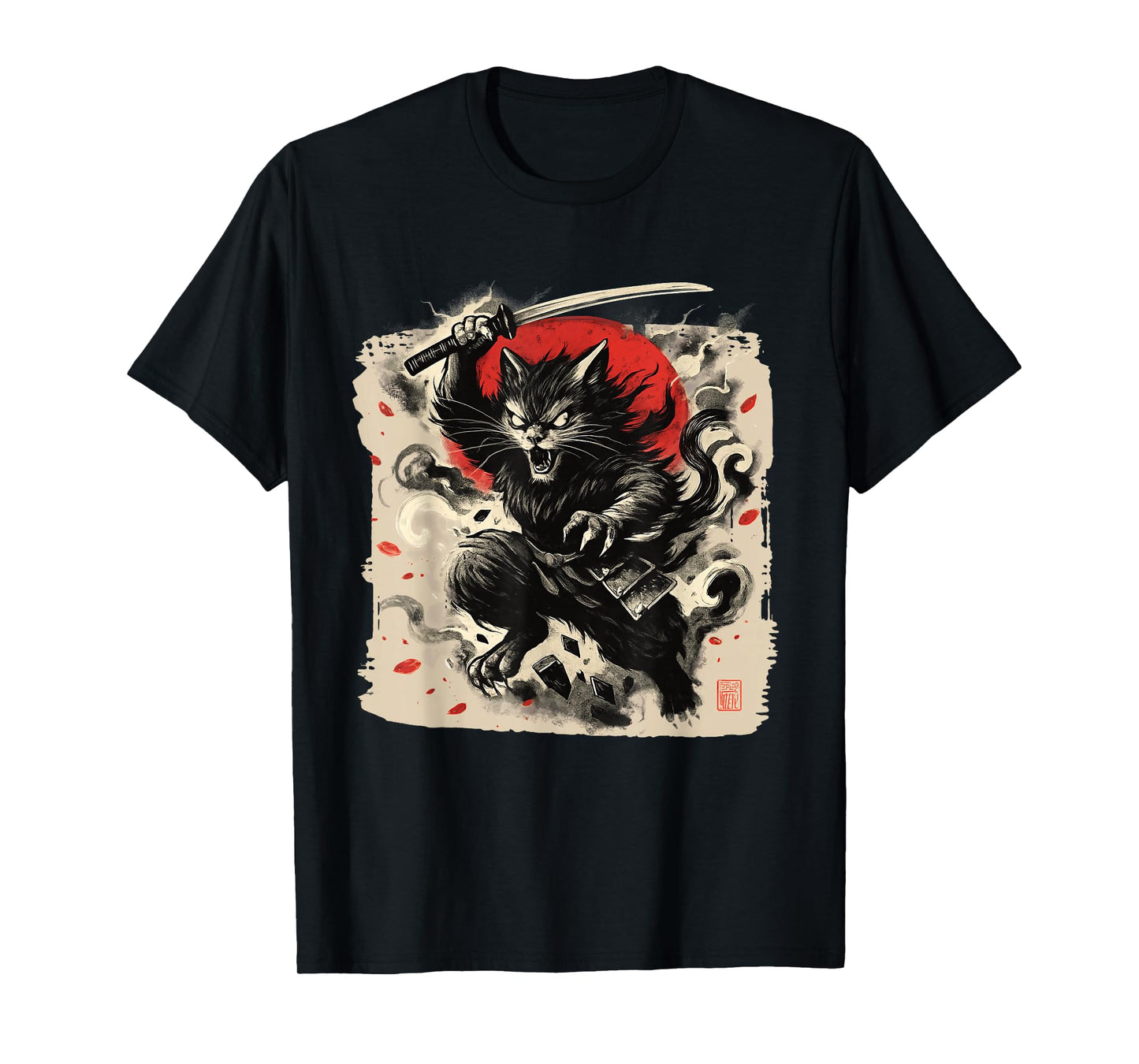 Samurai Cat Japanese Vintage Ukiyo-e Warrior Art Graphic T-Shirt