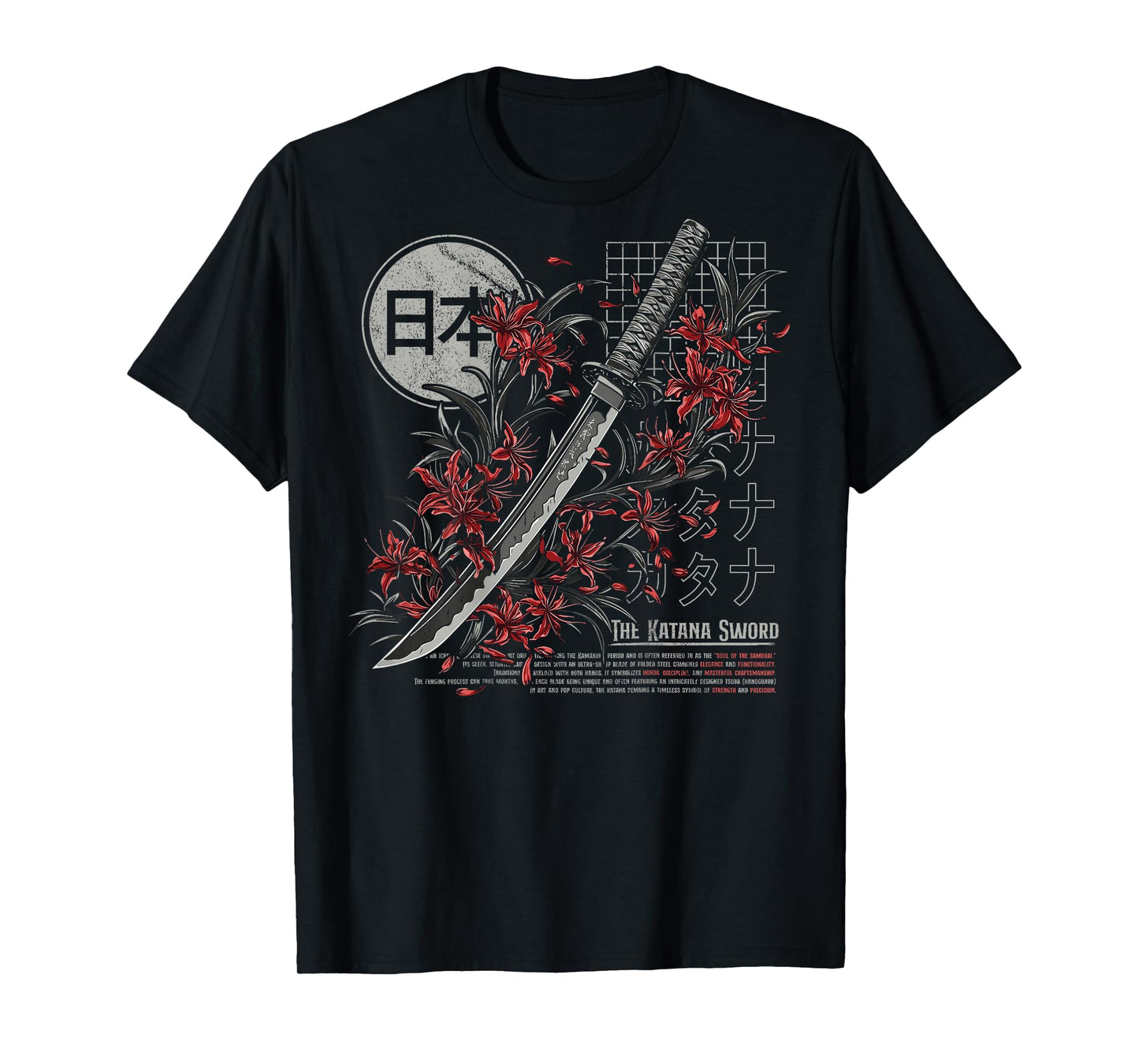 Red Spider Lily Flower Japanese Katana Sword Backprinted T-Shirt