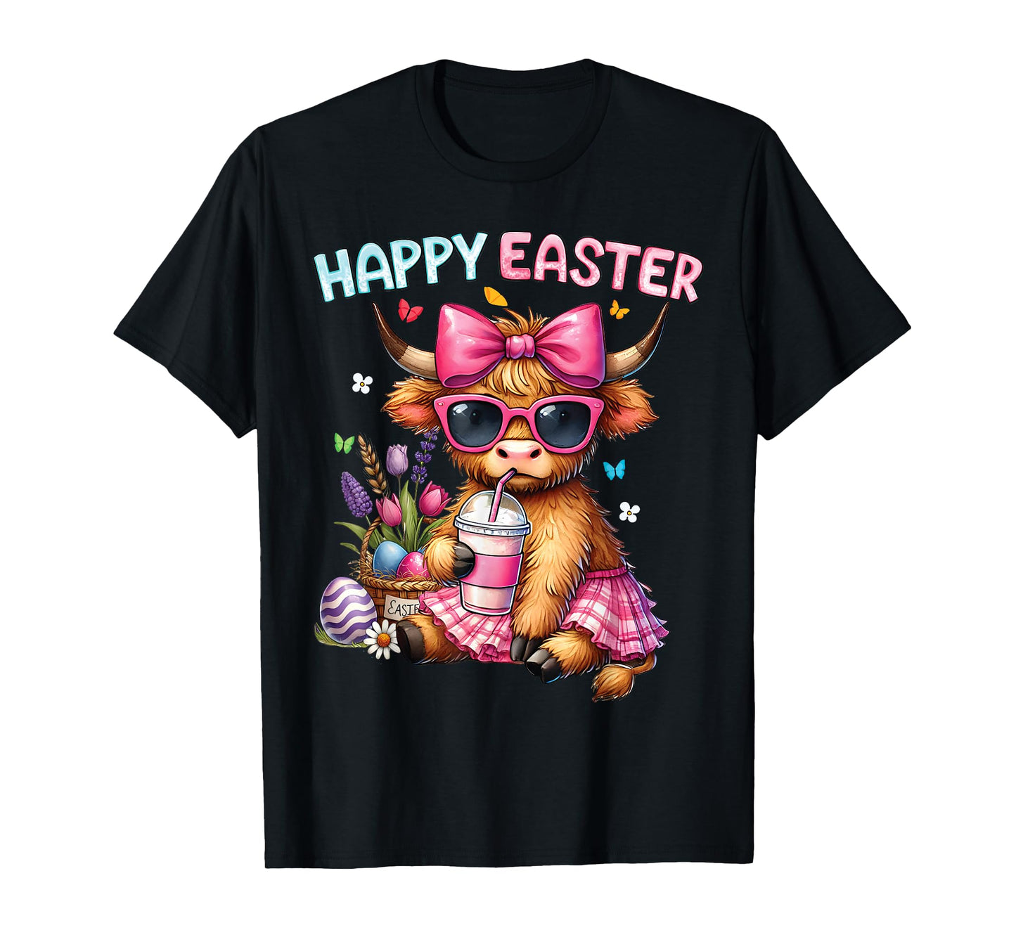Happy Easter Day Highland Cow Cute Easter Bunny Women Kids T-Shirt