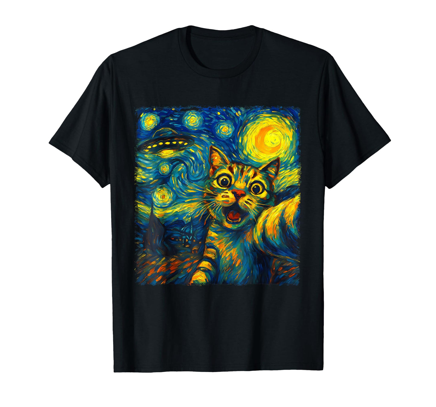 Cat Selfie With Alien UFO Funny Starry Night Van Gogh Men Women Kids T-Shirt