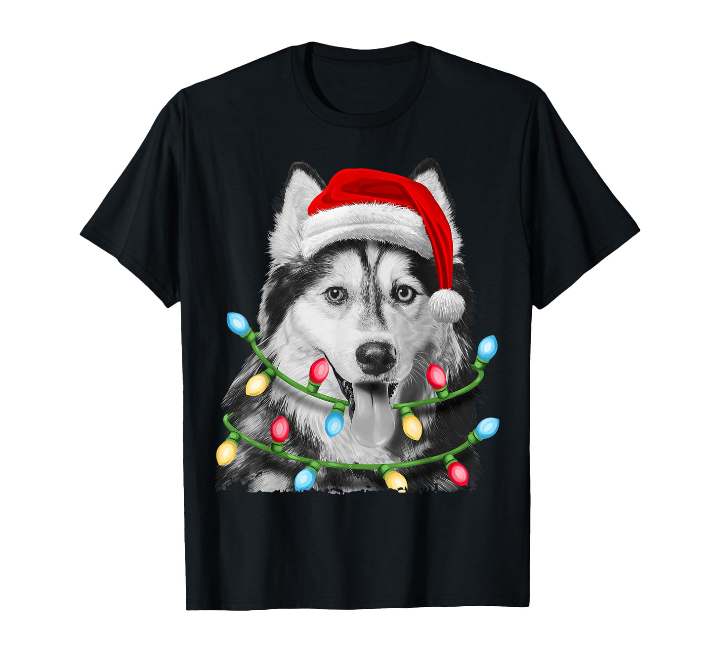 Siberian Husky Santa Christmas Tree Lights Xmas Boys Dog T-Shirt