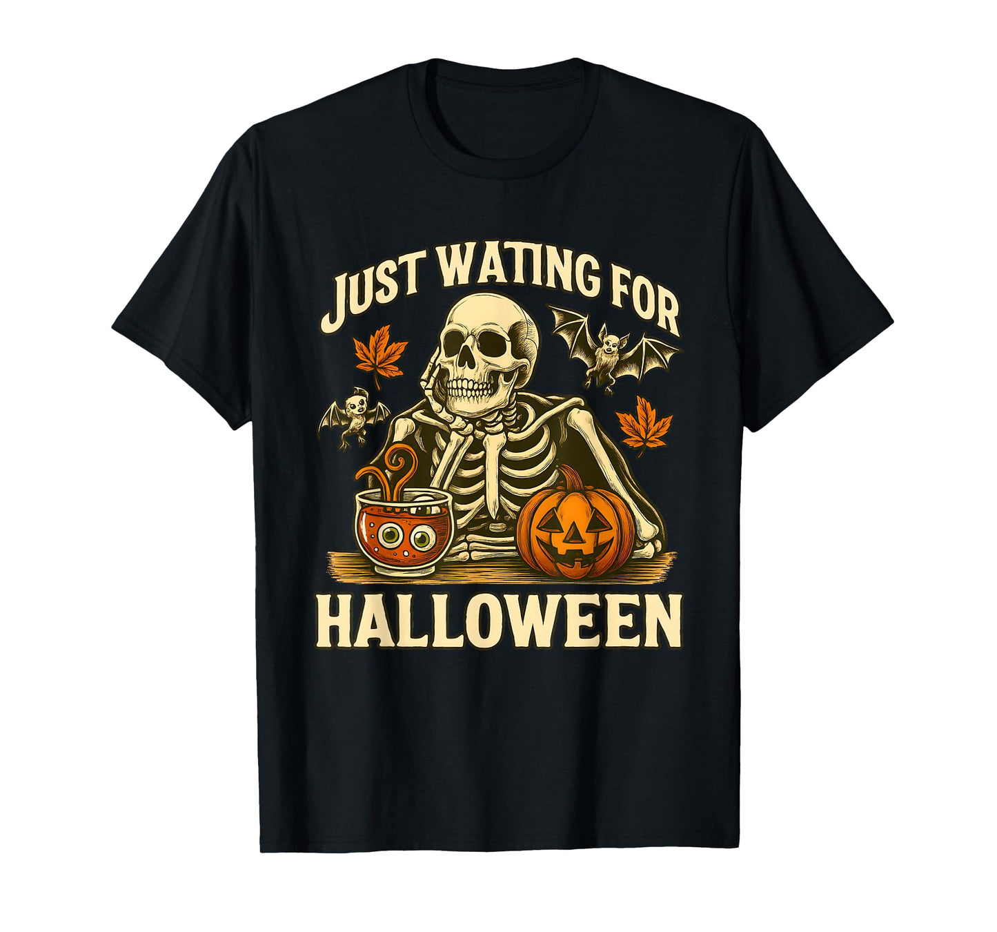 Just Waiting for Halloween | Skeleton Pumpkin Design T-Shirt