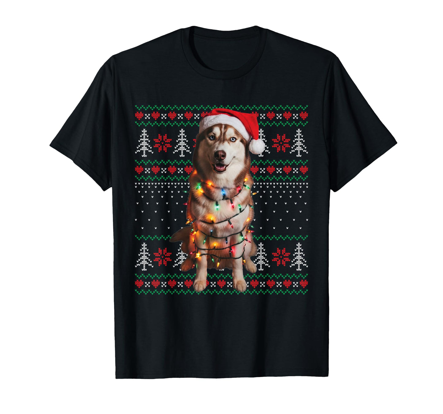 Siberian Husky Dog Christmas Ugly Sweater Dog Lights Xmas T-Shirt