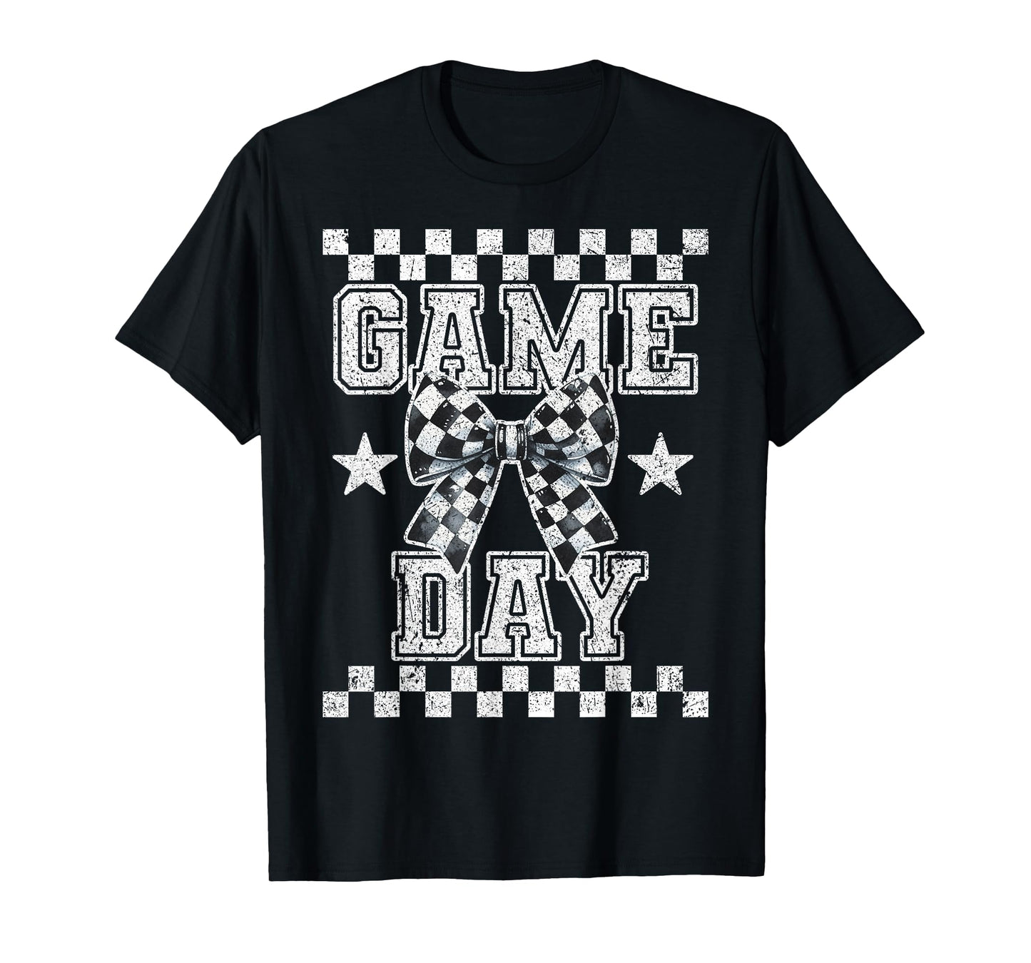 Retro Croquette Bow Black White Checkered Football Game Day T-Shirt
