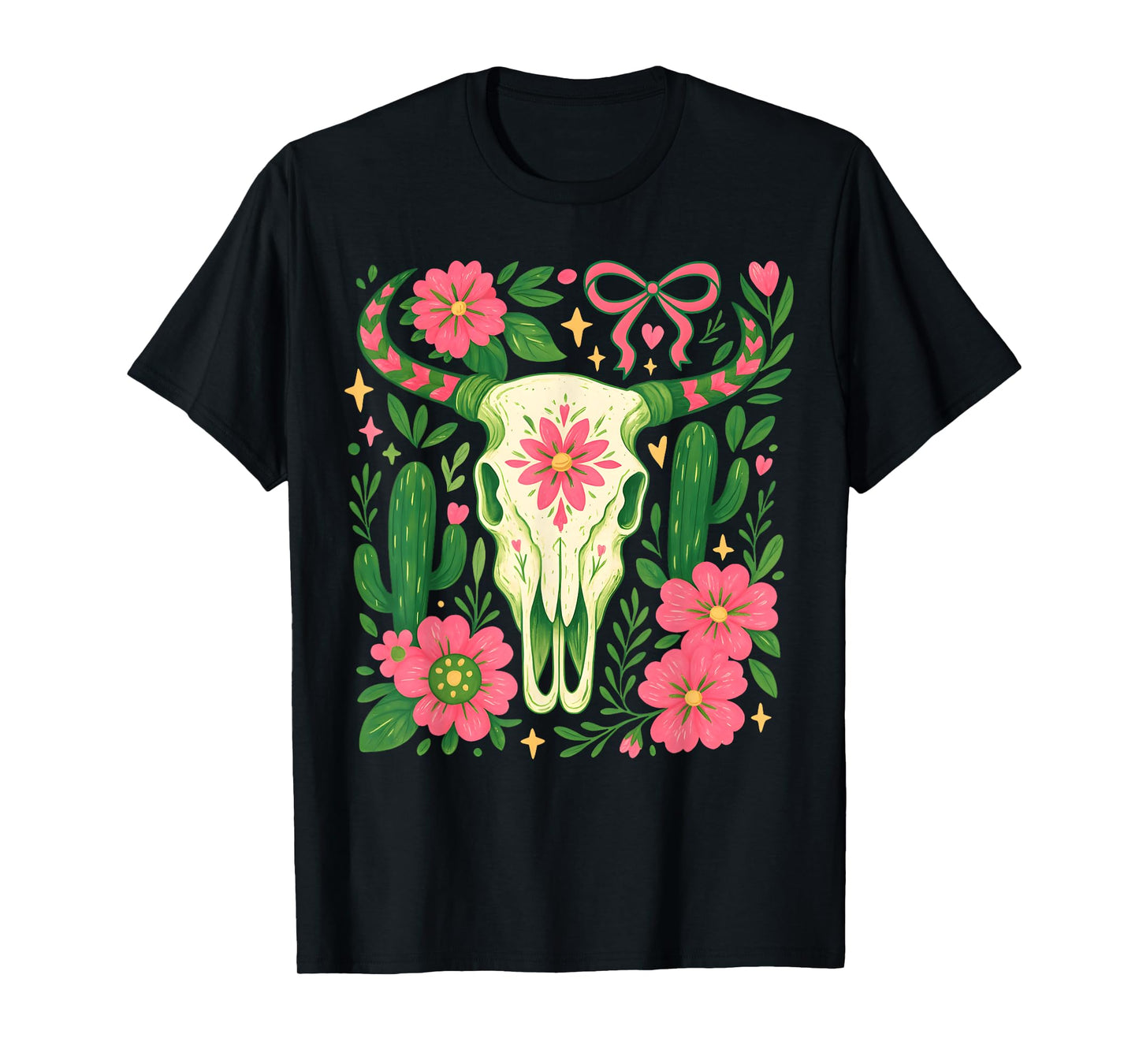 Boho Cow Bull Skull Boho Flowers Wild Western Cowgirl Texans T-Shirt