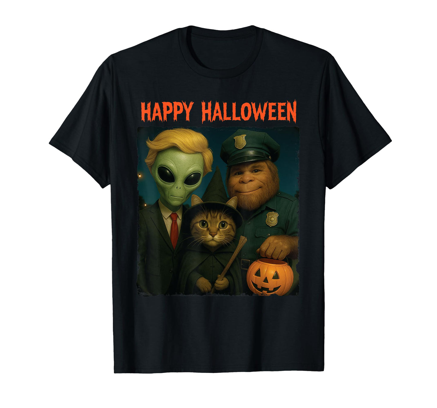 Bigfoot Alien Cat Funny Halloween Trick Treat Door Camera T-Shirt