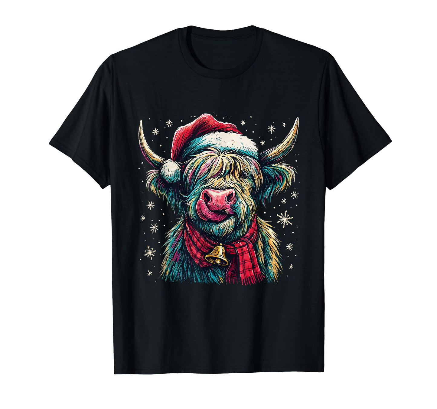 Highland Cow Christmas Santa Hat Plaid Bell Holiday Art T-Shirt