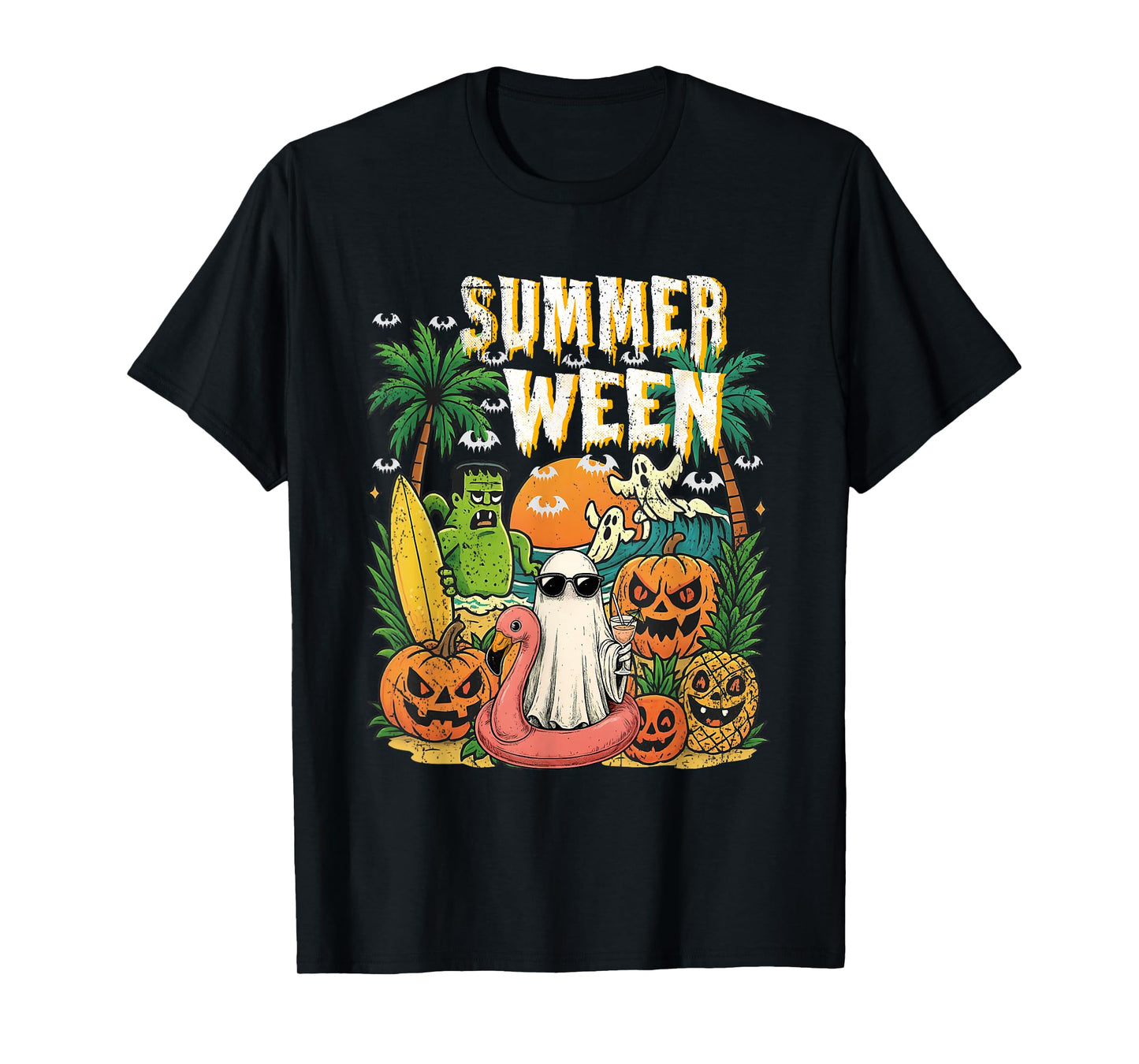 Summerween Ghost Beach Flamingo Halloween Summer T-Shirt