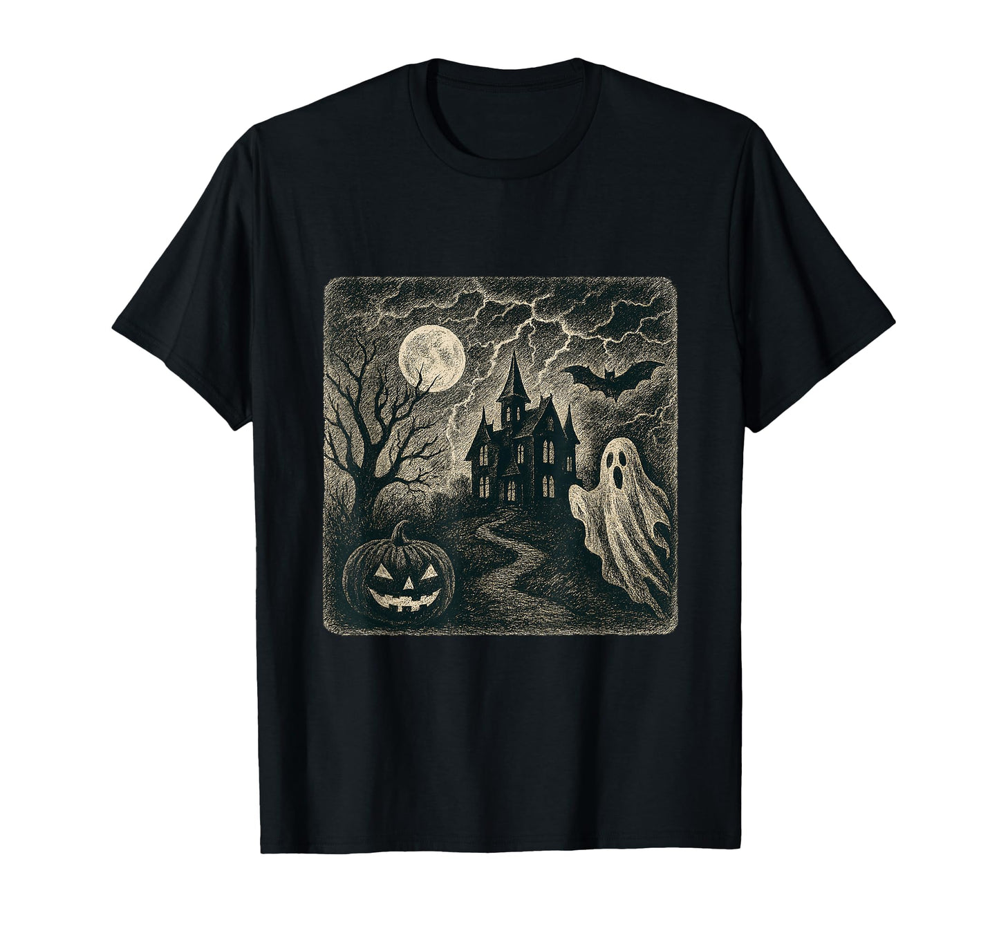 Haunted House Vintage Ghost Moon Halloween Scene T-Shirt