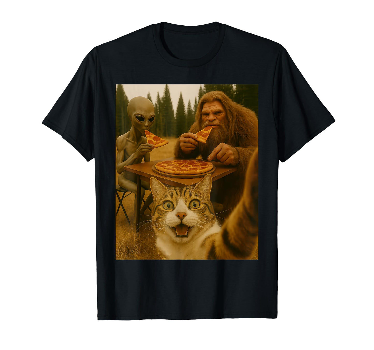 Funny Selfie of Cat With Bigfoot Eating Pizza With An Alien Men Women Kids T-Shirt