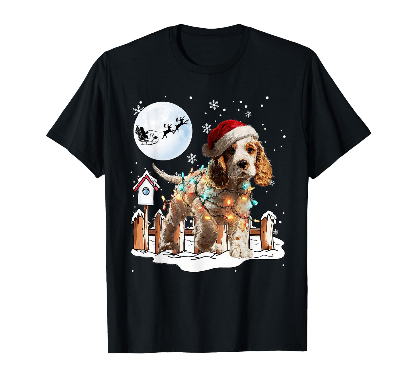 Cute Funny Cocker Spaniel Christmas Lights Santa Hat Holiday T-Shirt