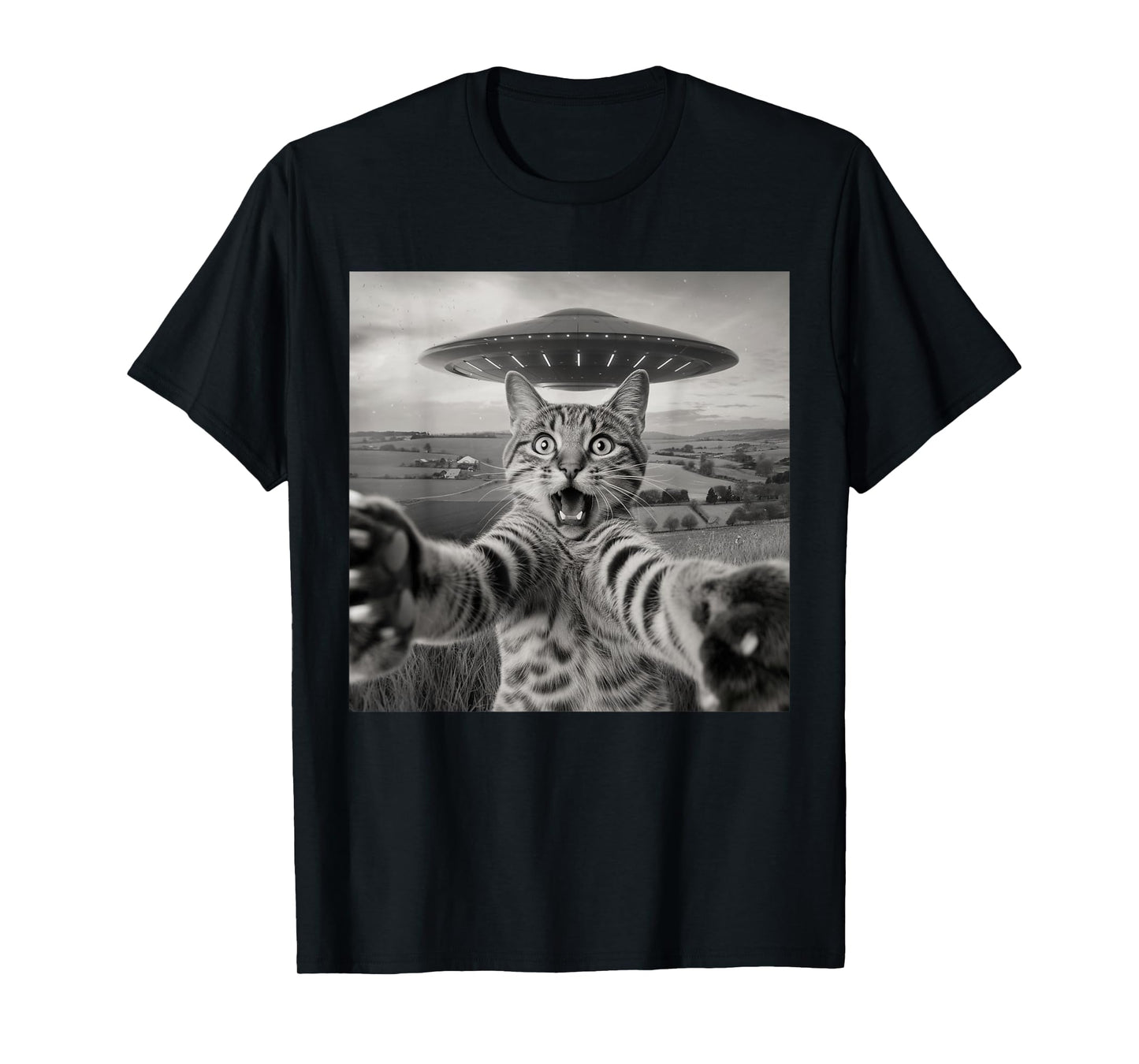 Cat Selfie With Alien UFO Funny Cat Sarcastic Humor Meme Men Women Kids T-Shirt