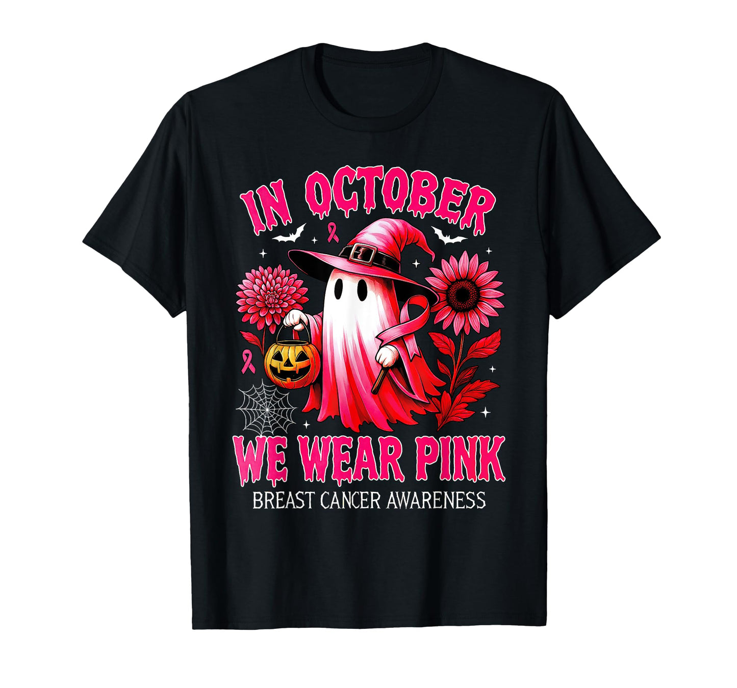 In October We Wear Pink Halloween Shirt Ghost Breast Cancer T-Shirt