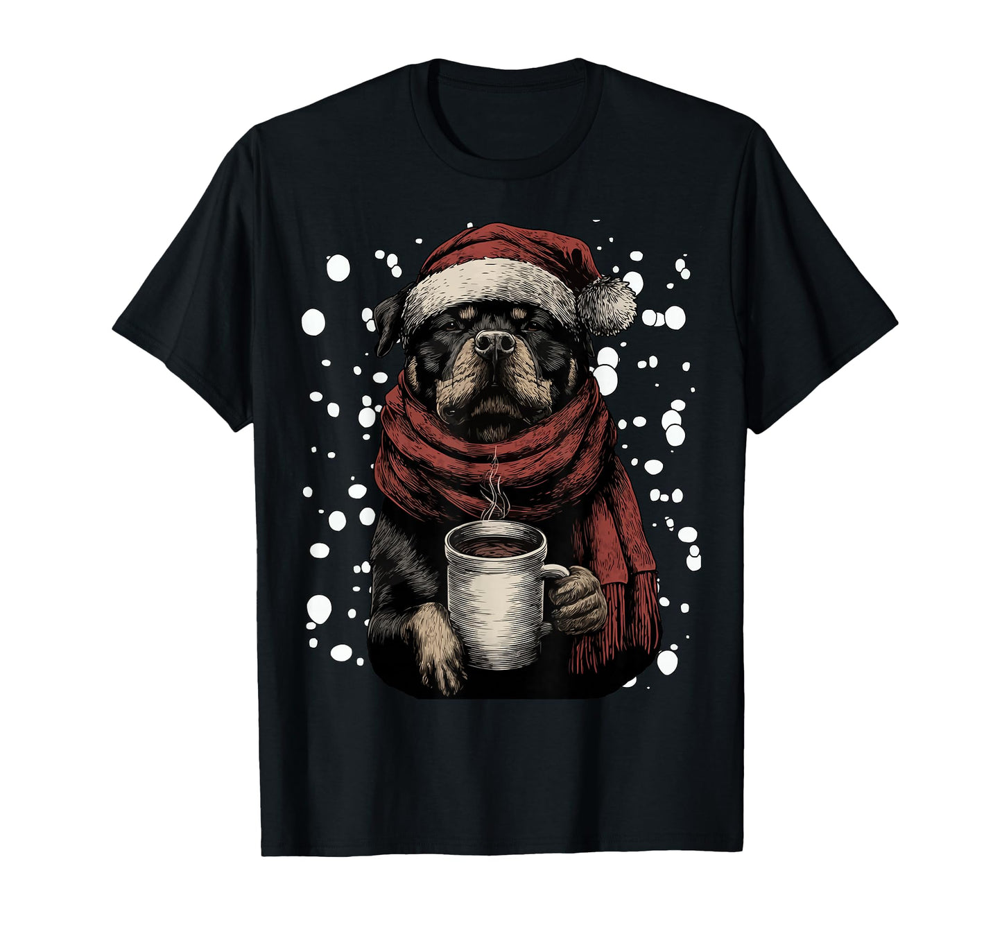 Christmas Rottweiler Santa Hat Coffee Lover Funny Winter Dog T-Shirt