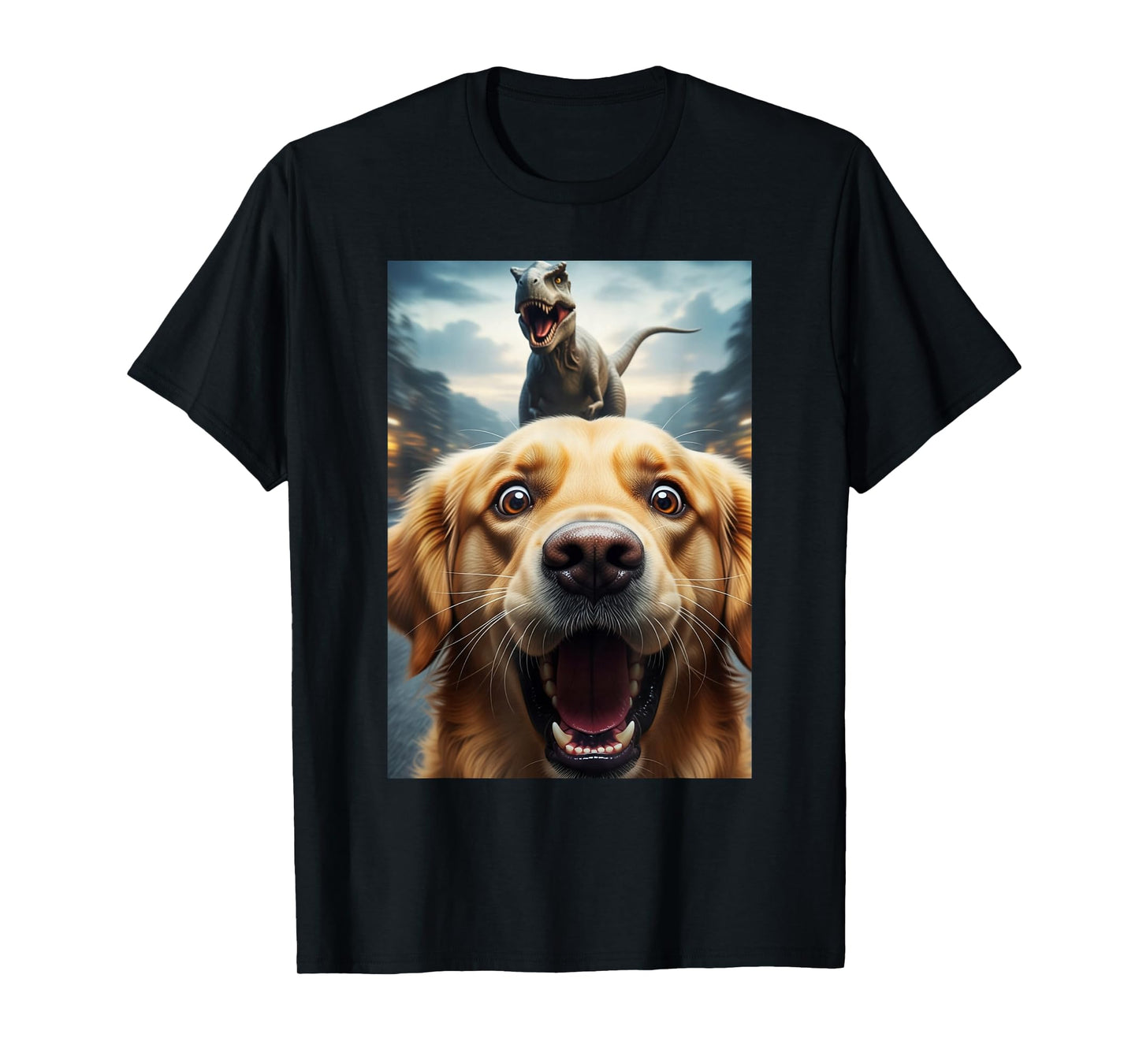 Funny Golden Retriever Dog Selfie with T-Rex Women Men Kids T-Shirt