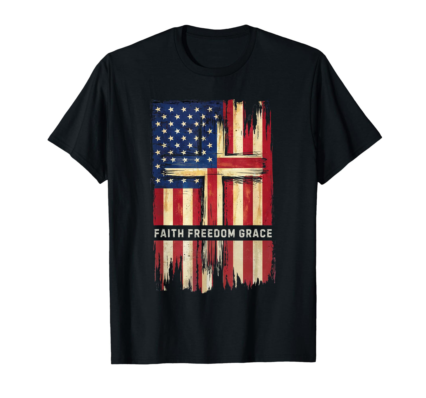 American Flag with Christian Cross Faith, Freedom, Grace T-Shirt