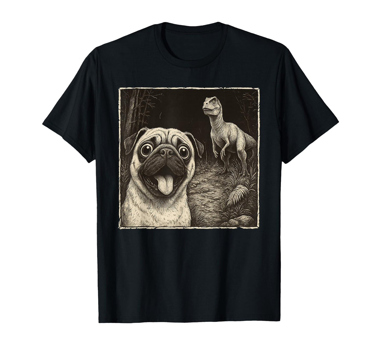 Dog Pug Selfie With T-Rex Dinosaur Funny T-Shirt