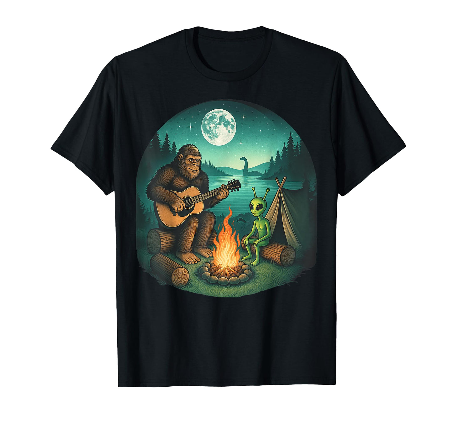 Bigfoot And Alien Loh Ness Campfire For Outdoor Lovers T-Shirt