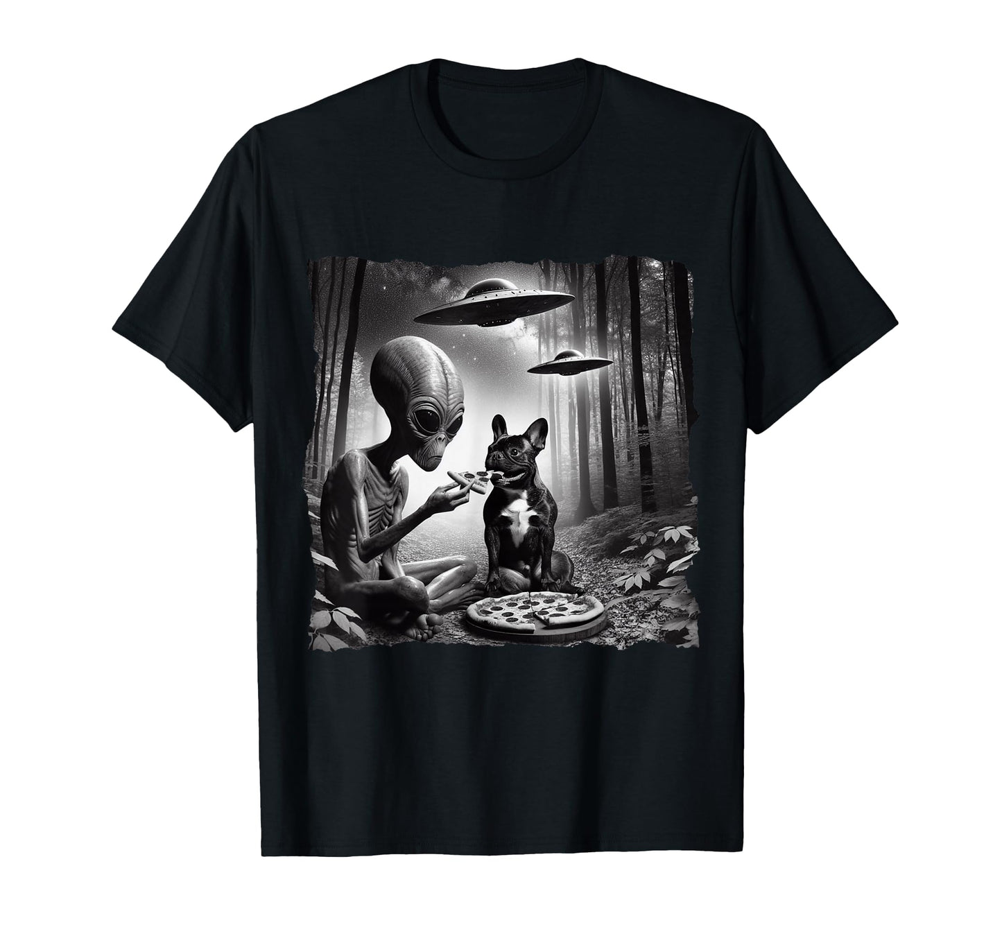 French Bulldog With Alien Eating Pizza. UFO French Bulldog T-Shirt