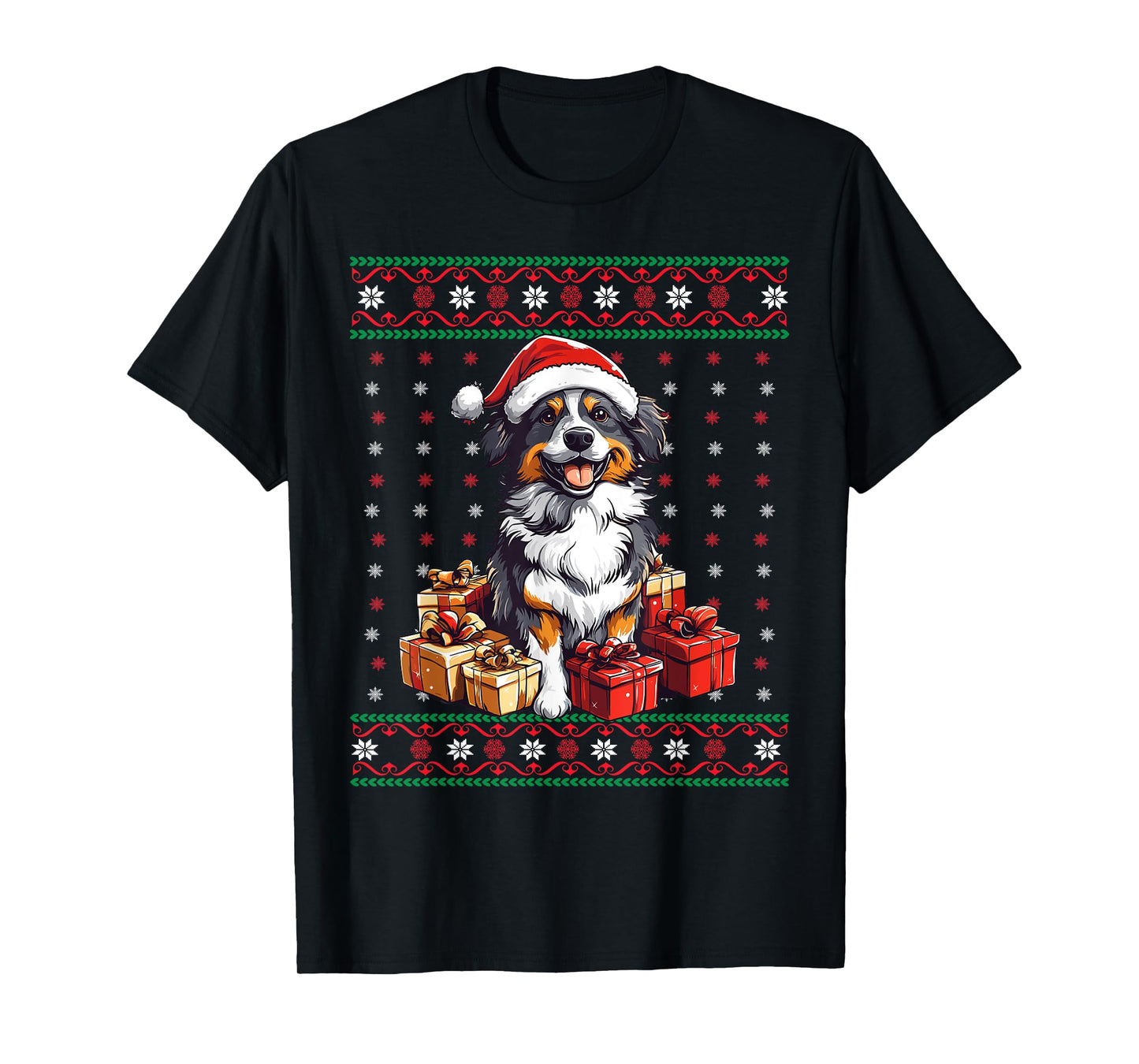 Aussie Santa Hat Xmas Australian Shepherd Ugly Christmas T-Shirt