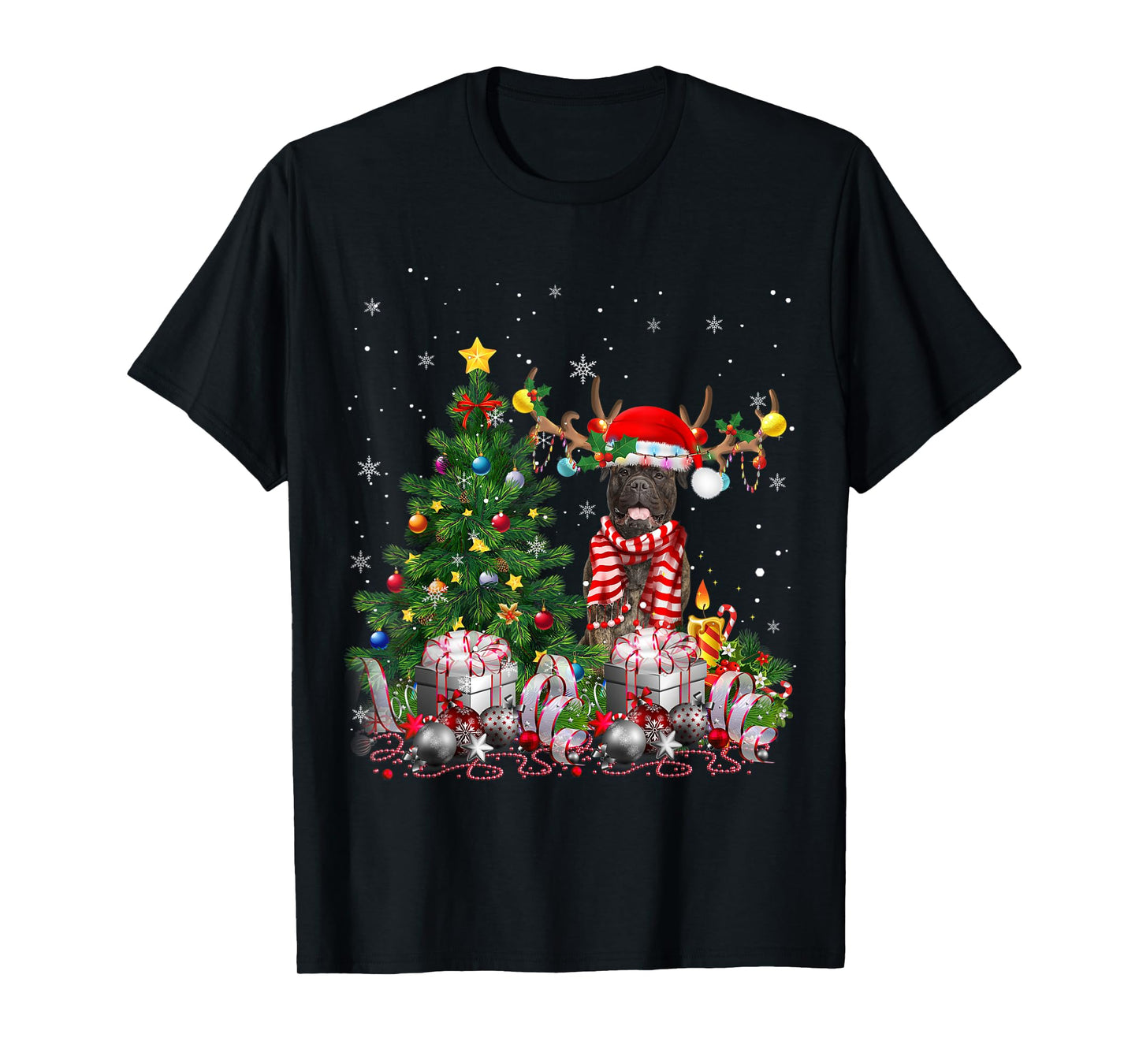 Bull Mastiff Dog Christmas Tree Lights Santa Pajamas Xmas T-Shirt