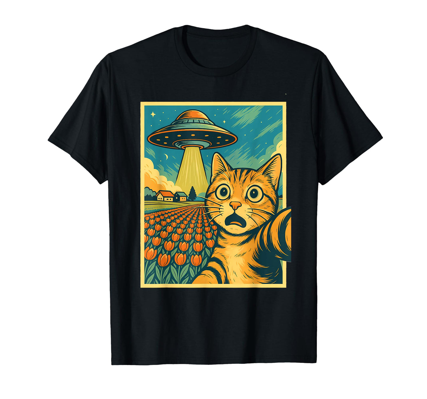 Cat Selfie With Alien UFO Tulip Funny Anime Kawaii Graphic Men Women Kids T-Shirt