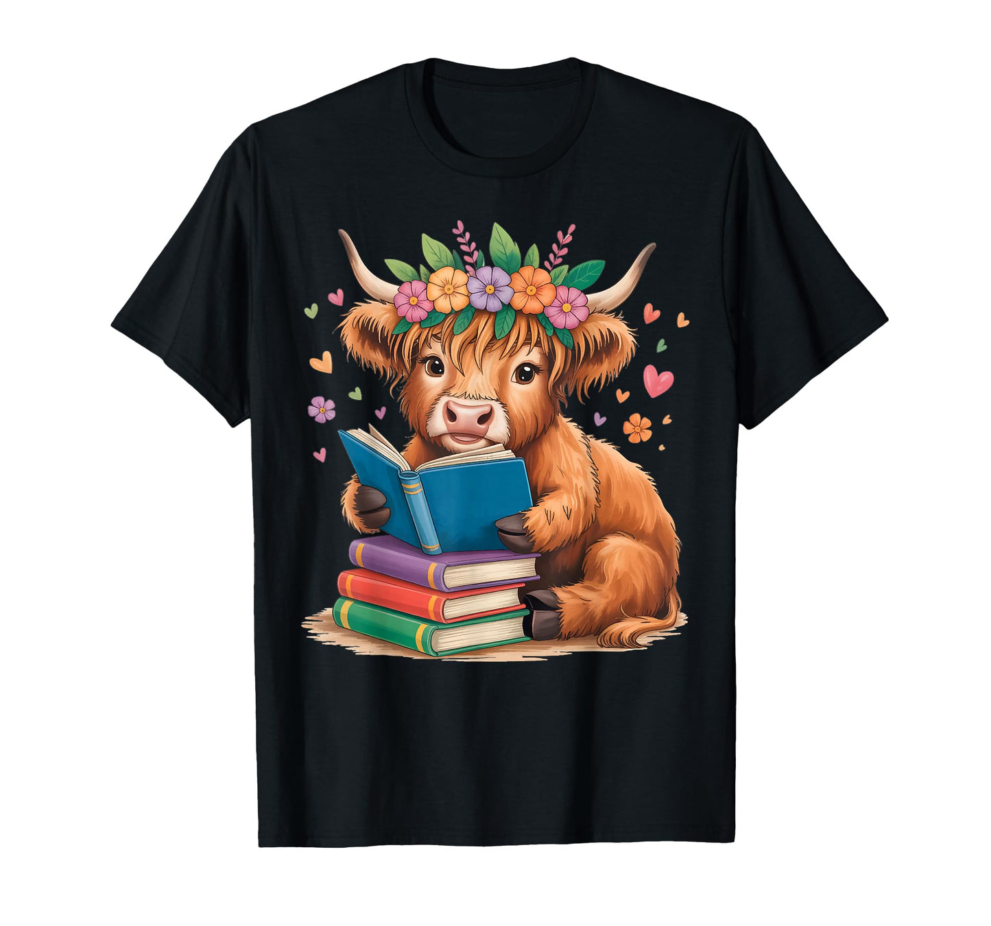 Cute Highland Cow Reading Books Farm Animal Flowers T-Shirt
