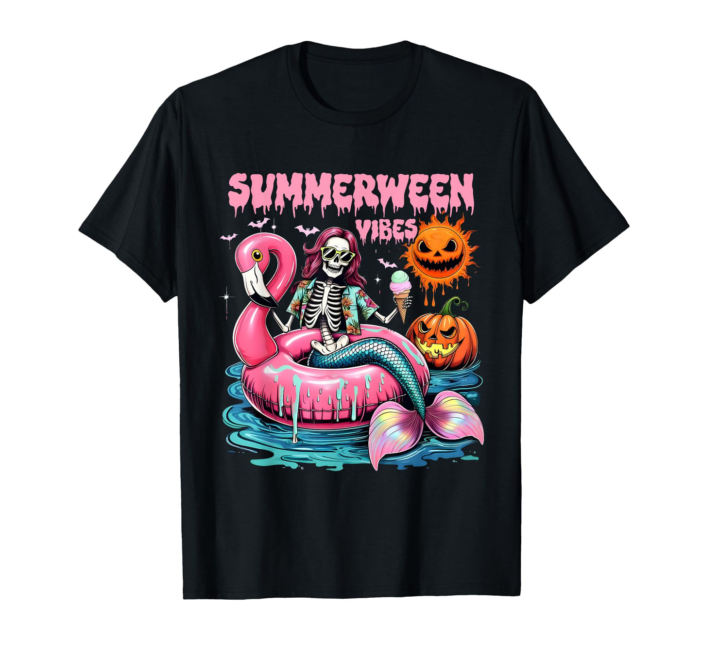 Summerween Vibes Spooky Summer Mermaid Skeleton Halloween T-Shirt