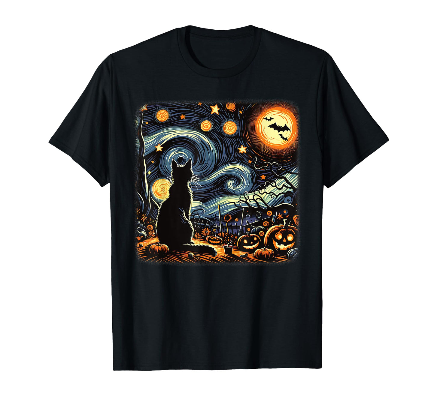 Halloween Black Cat Van Gogh Starry Night Cat Lovers Cat T-Shirt