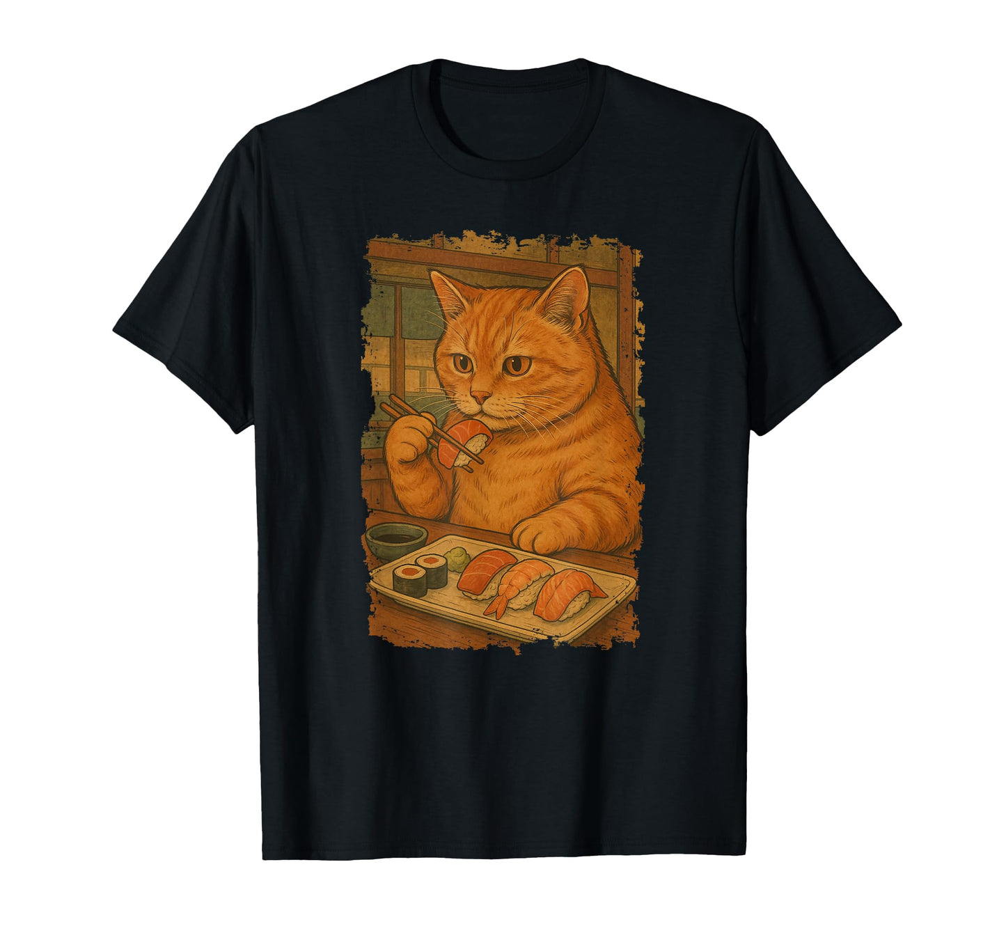 Orange Tabby Cat Eats Sushi Japanese Vintage T-Shirt