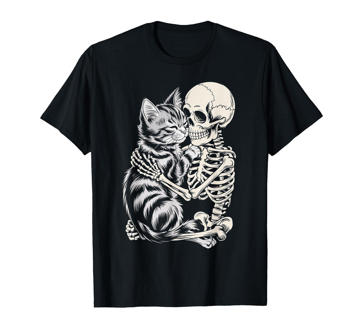 Skeleton Hugging Cat Halloween Cat Lover Skull Kitty T-Shirt