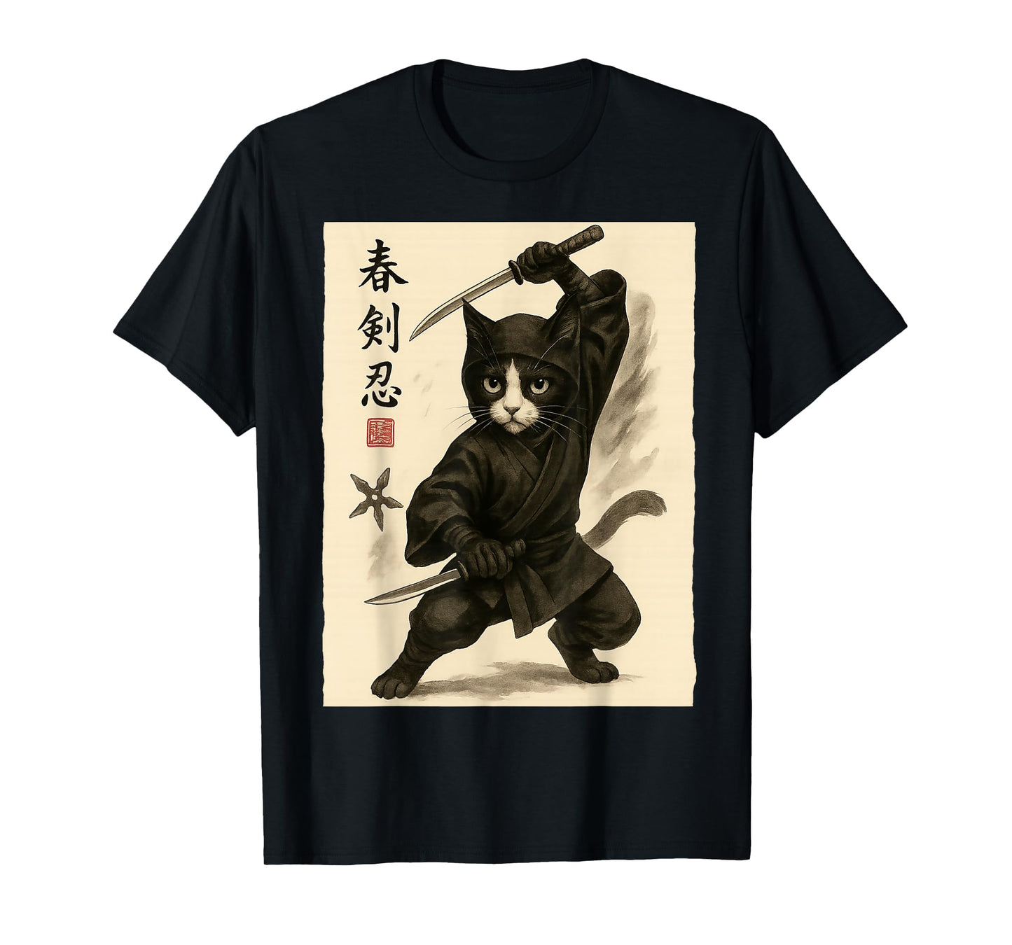 Ninja Cat Vintage Ukiyo-e Warrior Art Graphic Cat Art T-Shirt