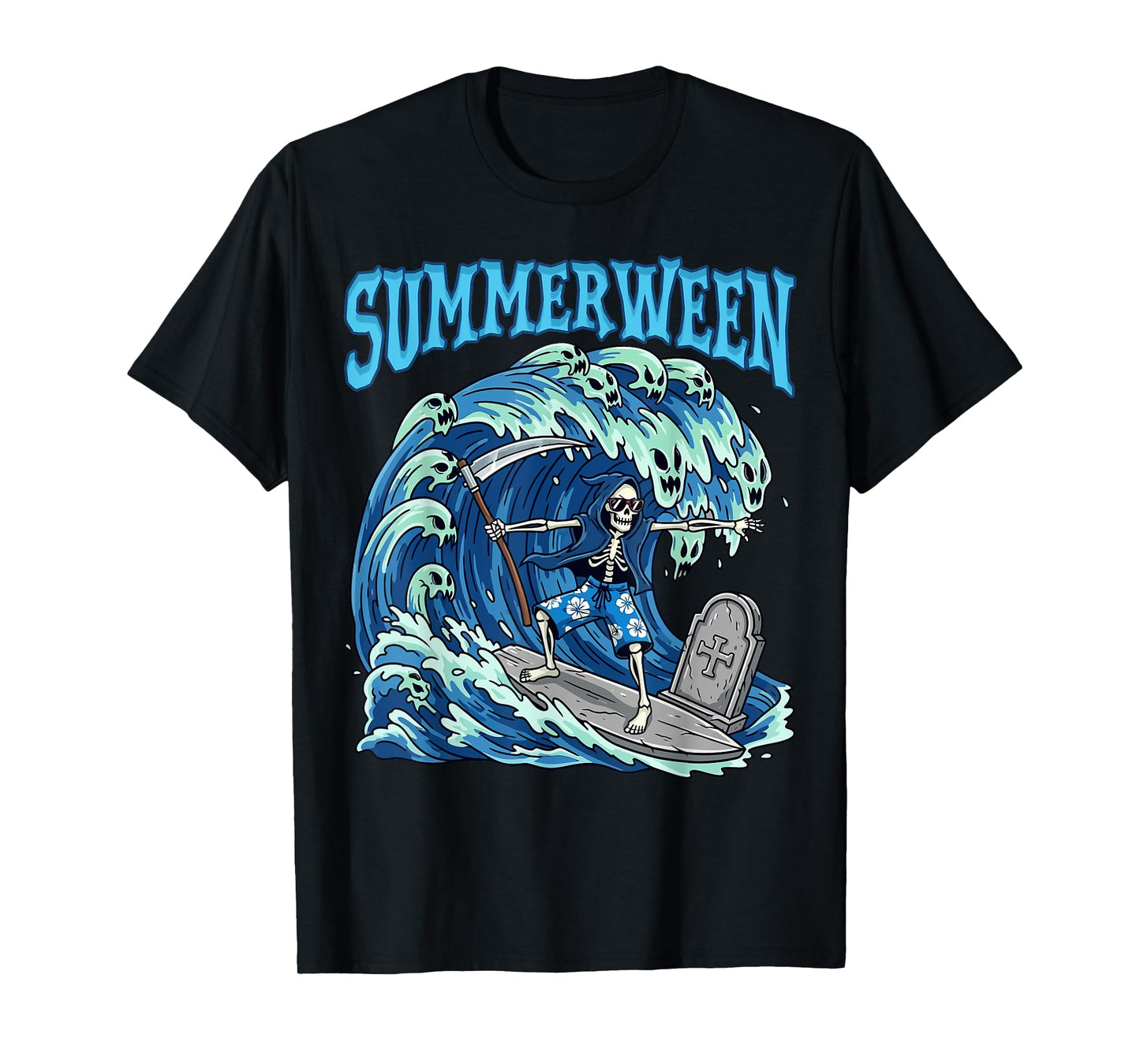 Summerween Skeleton Surf Grim Reaper Beach Spooky Halloween T-Shirt