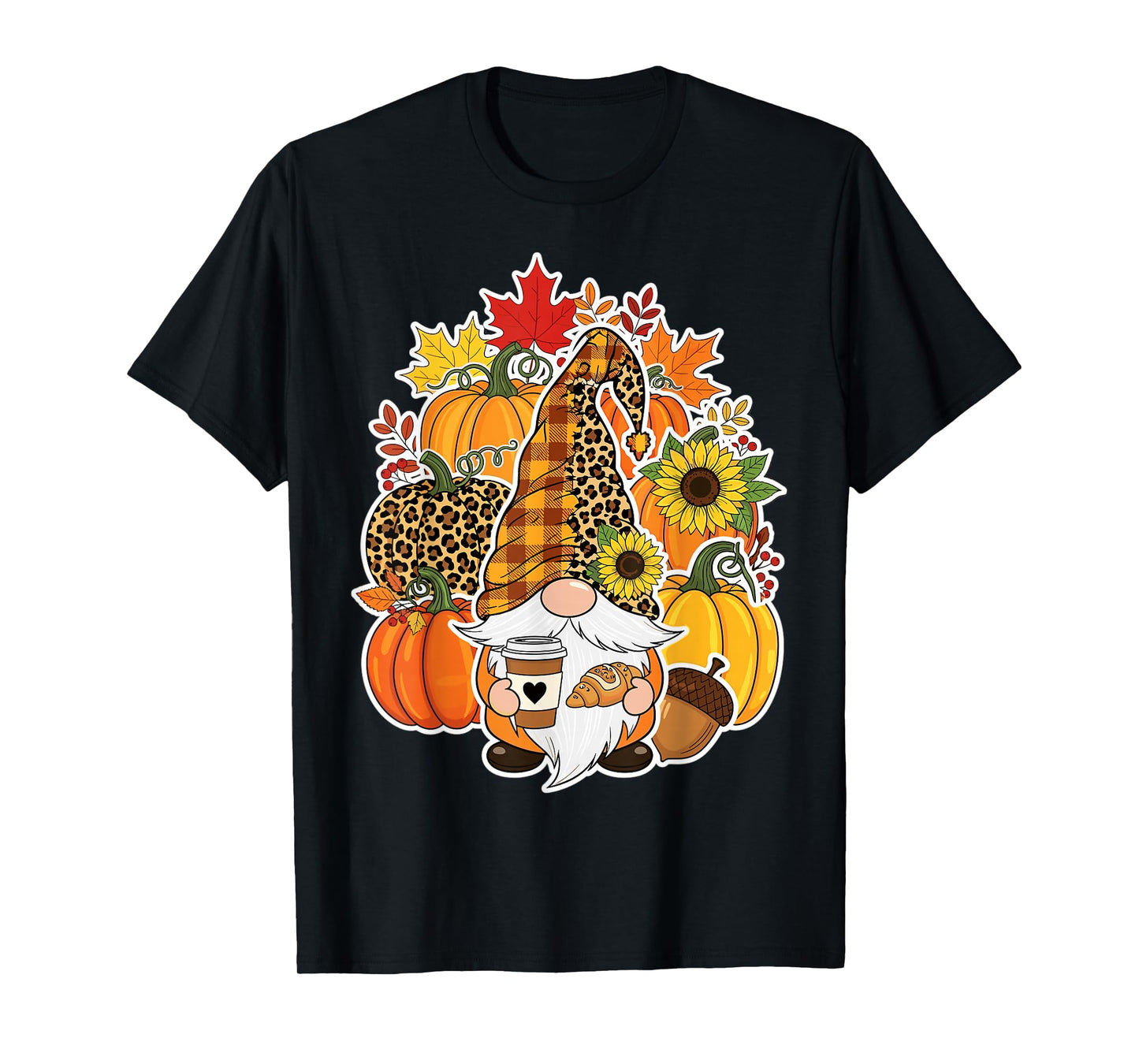 Gnome with Coffee Leopard Pumpkin Fall Harvest Vibes T-Shirt