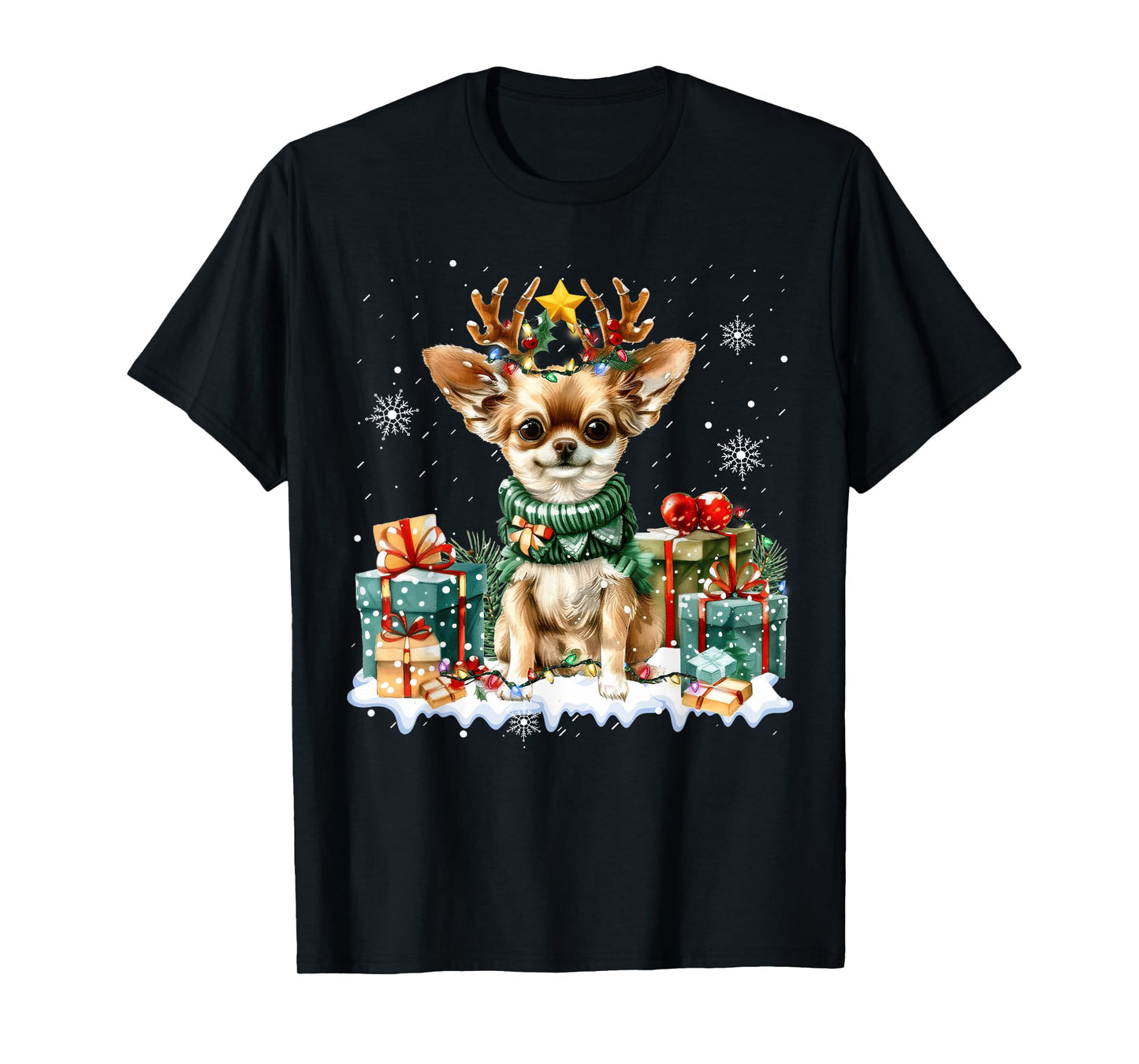 Reindeer Dog Christmas Lights Chihuahua Santa Hat Xmas Funny T-Shirt