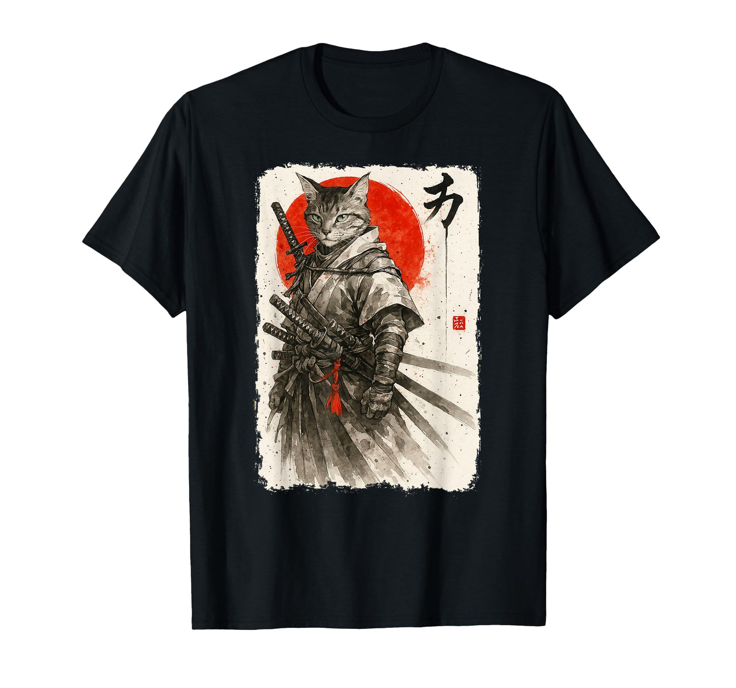 Samurai Cat Warrior Sumi-e Kawaii Japanese Art Cat Samurai T-Shirt