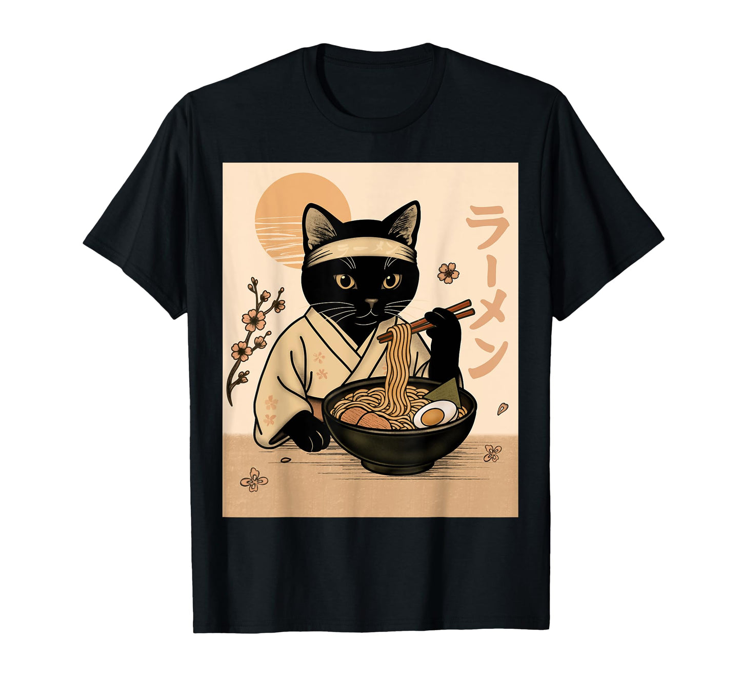 Samurai Cat Eating Ramen in Kimono Japanese Food Art T-Shirt