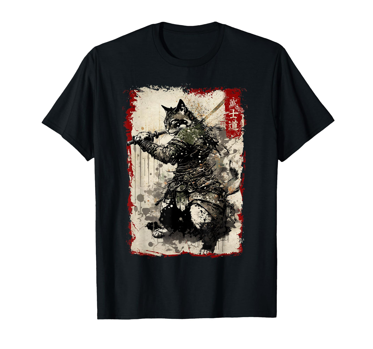 Samurai Cat Graphic Tee Warrior Vintage Japanese Art Anime T-Shirt