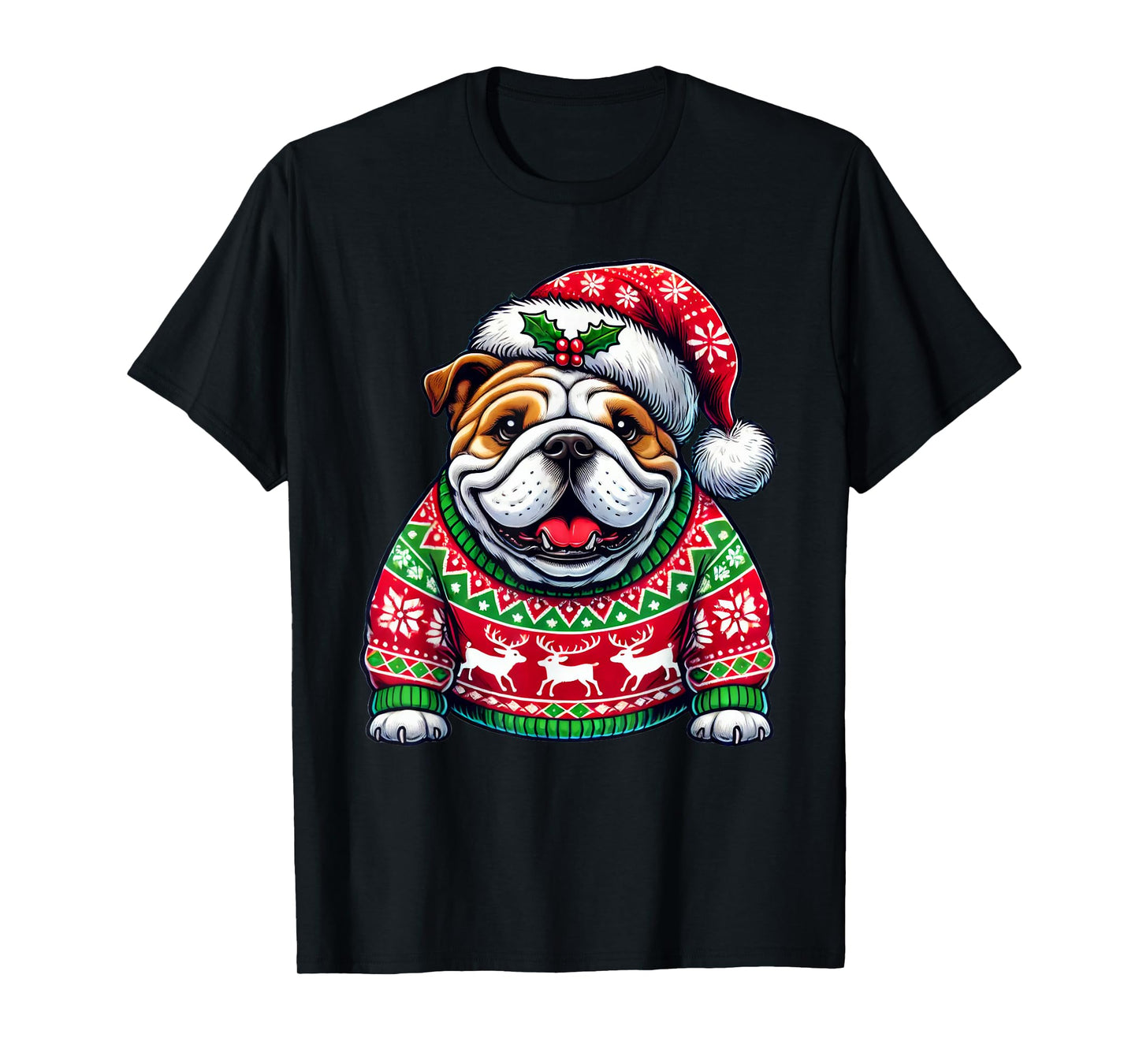 English Bulldog Dog Ugly Sweater Santa Hat Christmas T-Shirt