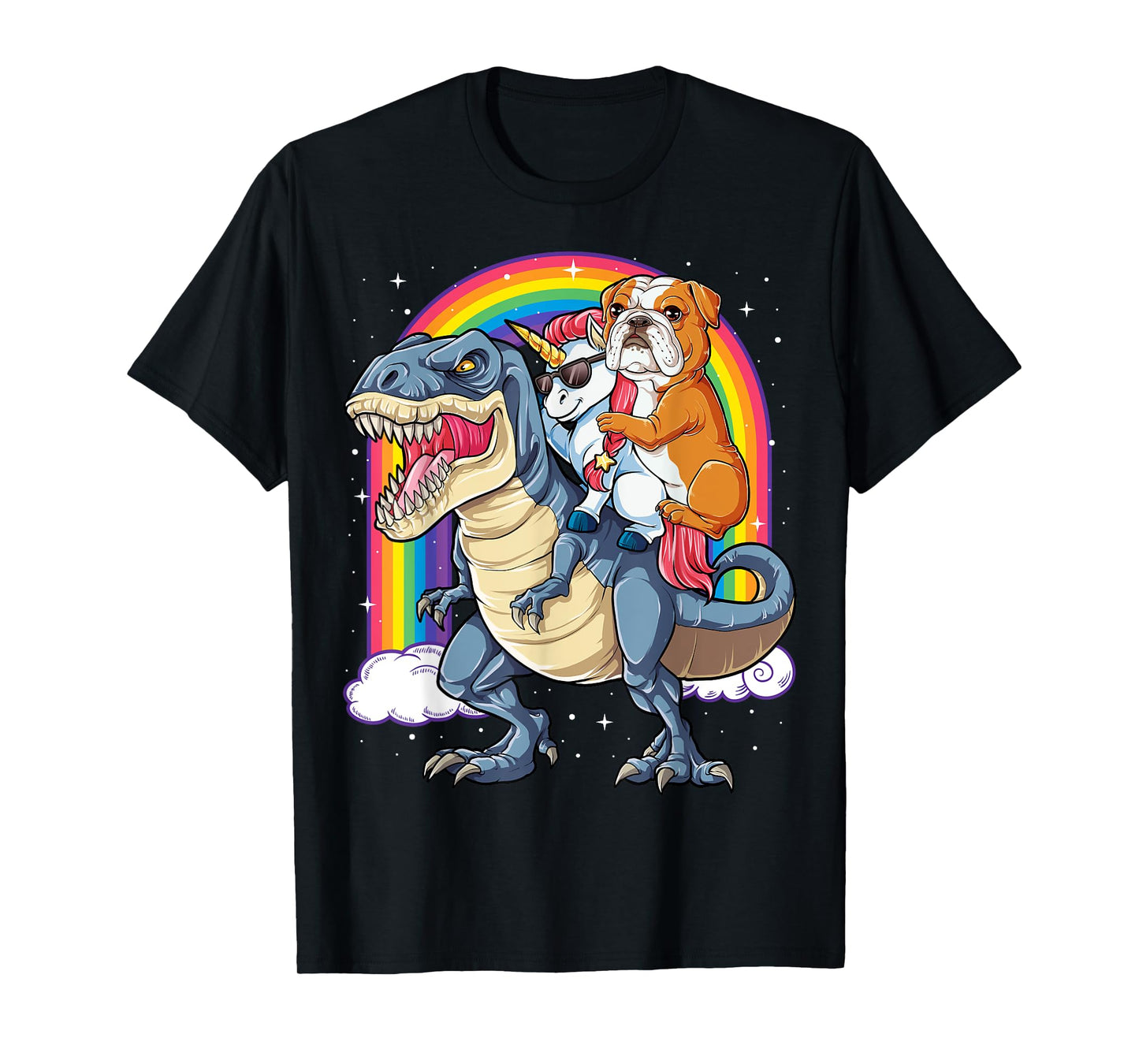English Bulldog Unicorn Riding Dinosaur T-rex Gifts Girls T-Shirt