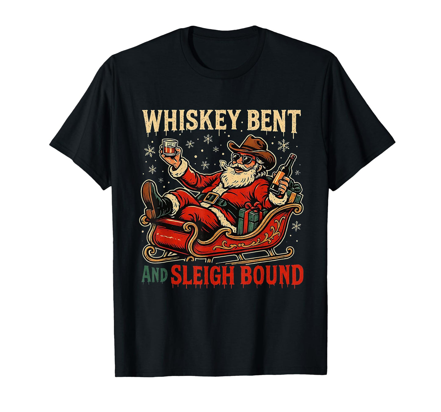 Whiskey Sleigh Bound Cowboy Santa Christmas T-Shirt