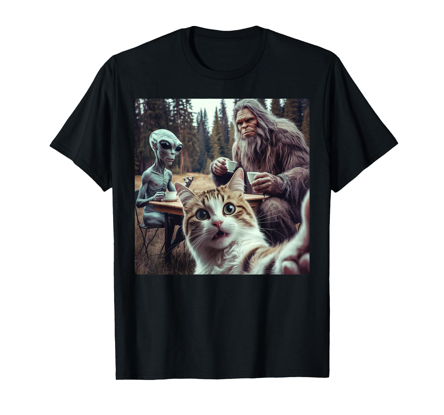 Cat Selfie With Bigfoot Alien Funny Gifts For Men Women Kid T-Shirt